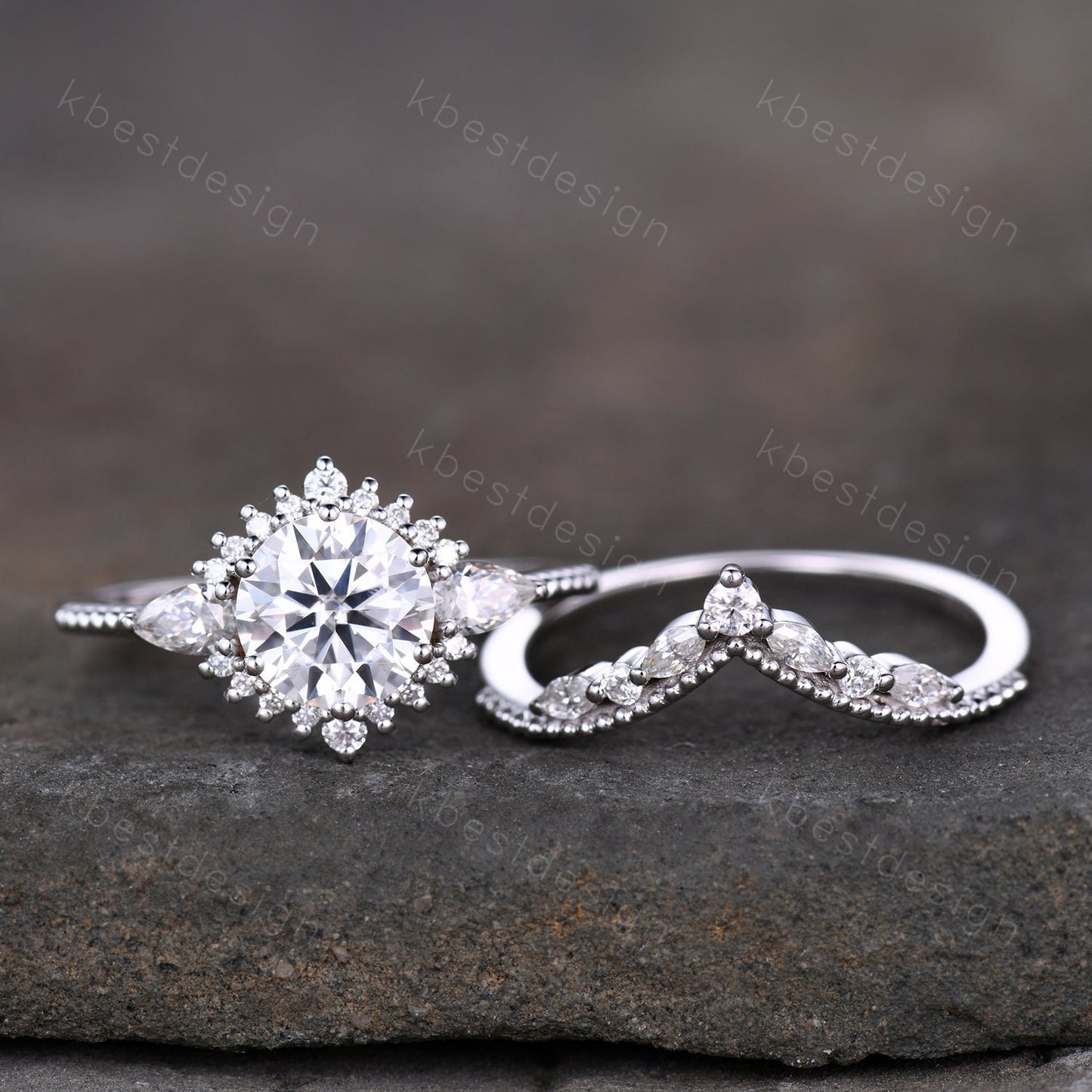 Vintage Moissanite Engagement Ring Set White Gold Round Shaped Moissanite Bridal Set Art Deco Stacking Ring Milgrain Moissanite Wedding Set