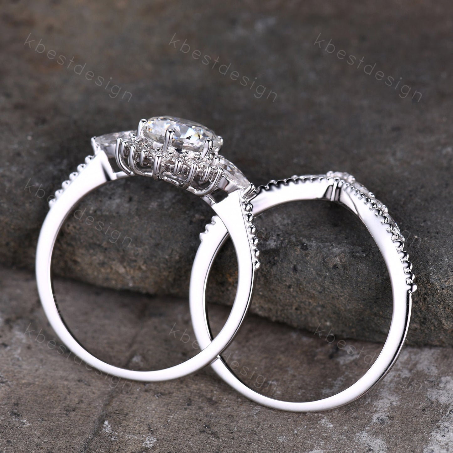 Vintage Moissanite Engagement Ring Set White Gold Round Shaped Moissanite Bridal Set Art Deco Stacking Ring Milgrain Moissanite Wedding Set