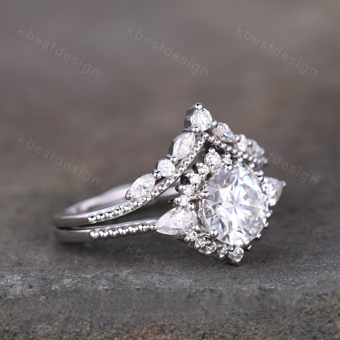 Vintage Moissanite Engagement Ring Set White Gold Round Shaped Moissanite Bridal Set Art Deco Stacking Ring Milgrain Moissanite Wedding Set