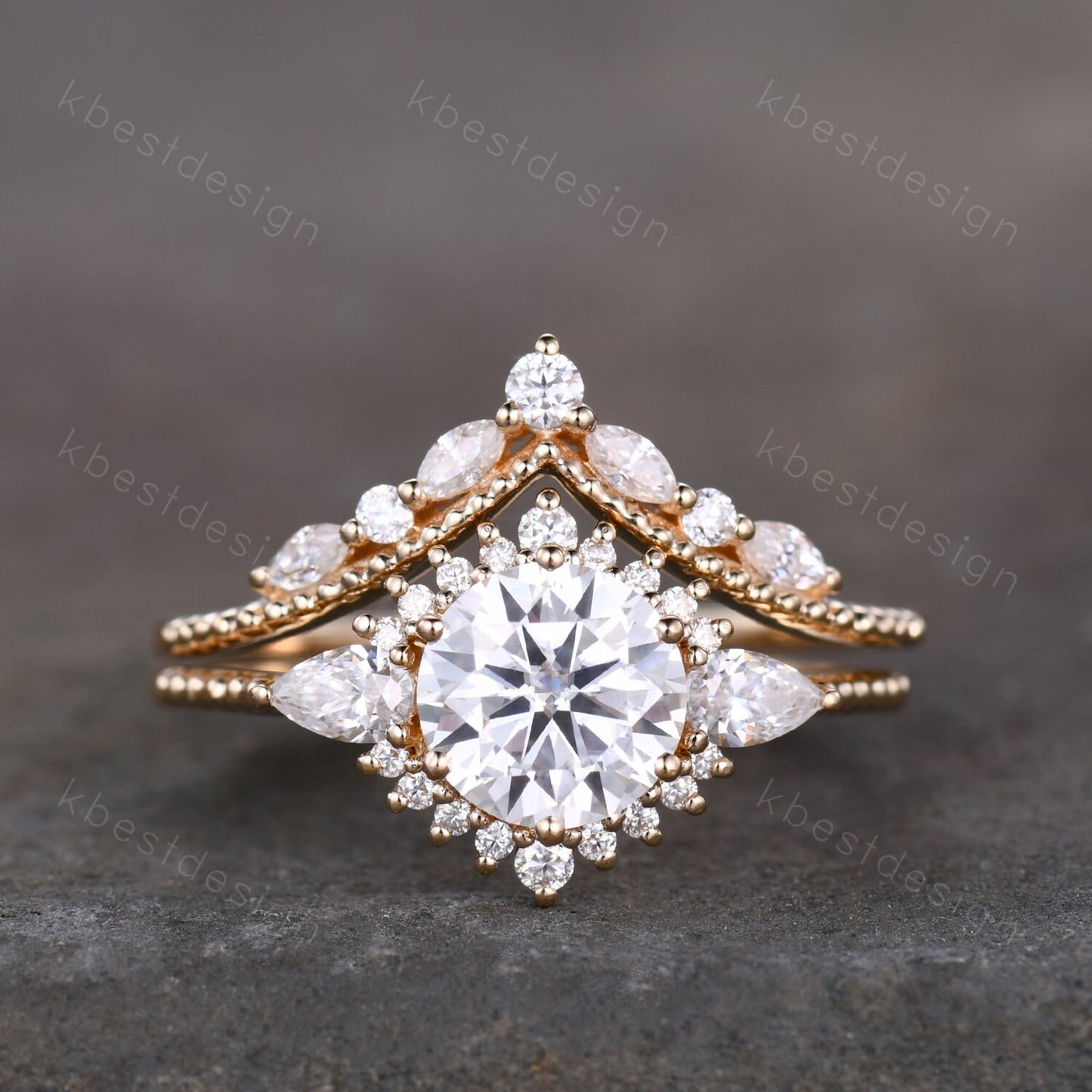 Vintage moissanite engagement ring set unique art deco moissanite bridal set solid gold ring for women moissanite stacking band Gift for her