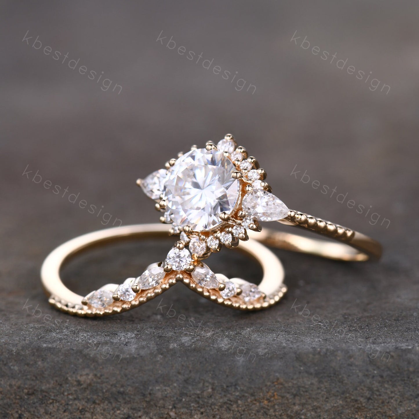 Vintage moissanite engagement ring set unique art deco moissanite bridal set solid gold ring for women moissanite stacking band Gift for her