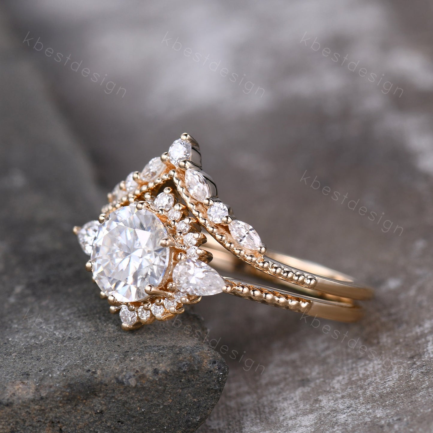 Vintage moissanite engagement ring set unique art deco moissanite bridal set solid gold ring for women moissanite stacking band Gift for her