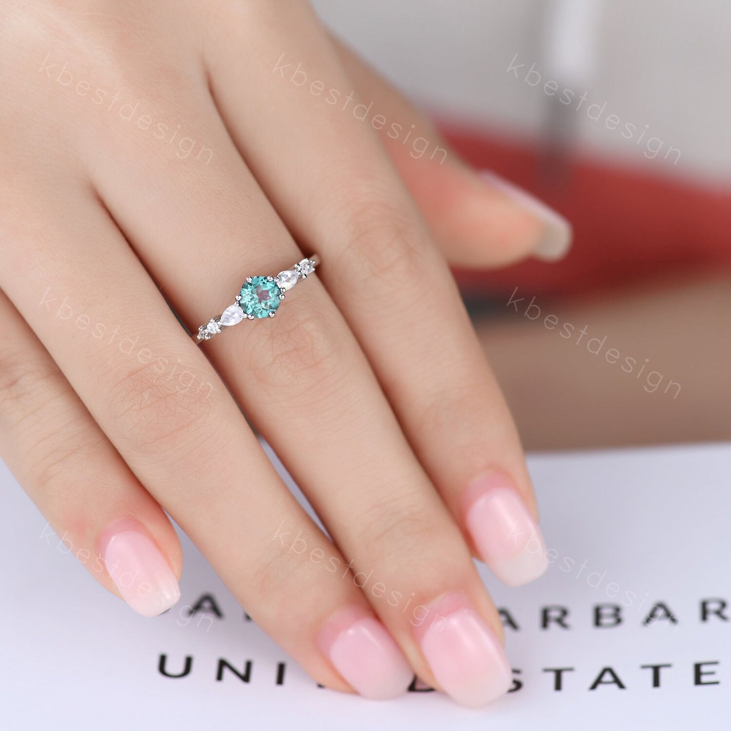Dainty Alexandrite Engagement Ring Unique Pear Shaped Moonstone Bridal Wedding Ring June Birthstone Ring Sterling Silver Ring Promise Ring