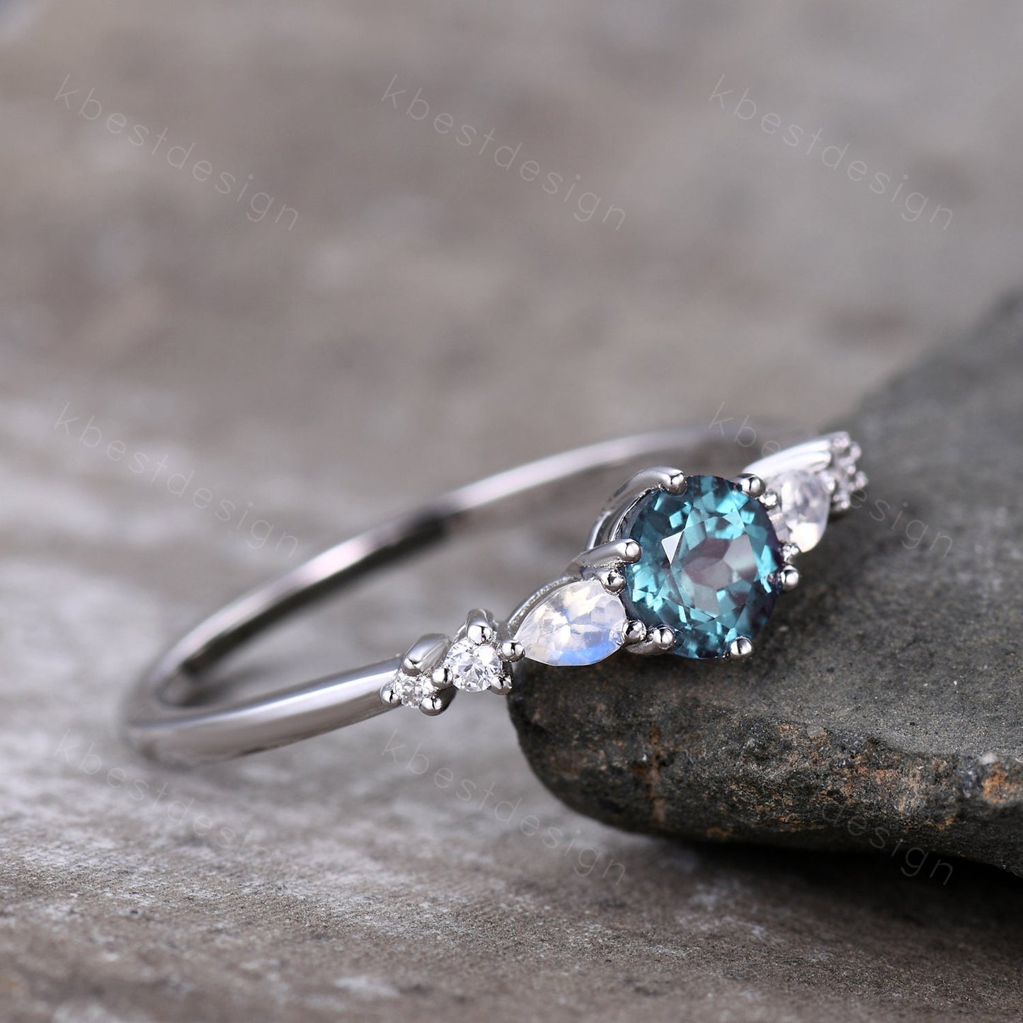 Dainty Alexandrite Engagement Ring Unique Pear Shaped Moonstone Bridal Wedding Ring June Birthstone Ring Sterling Silver Ring Promise Ring