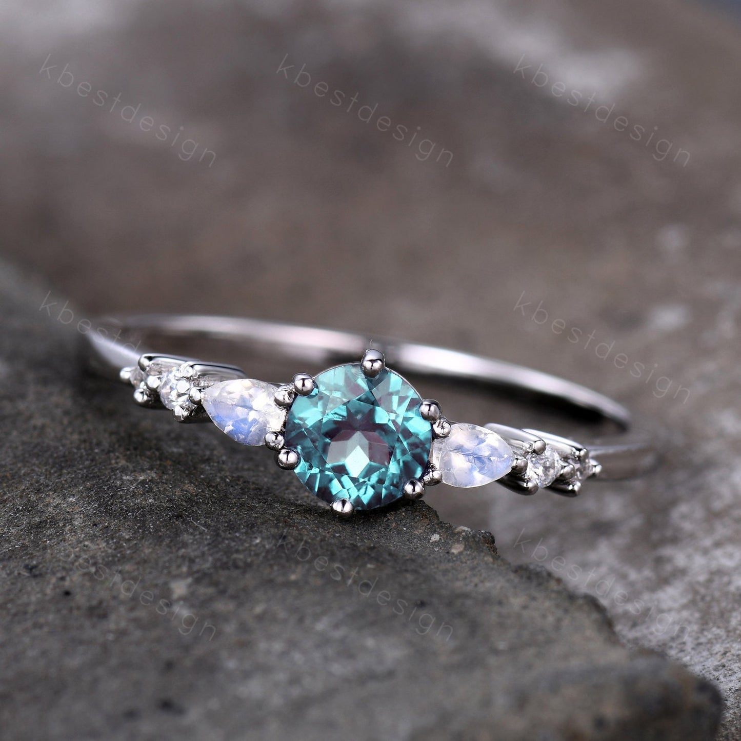 Dainty Alexandrite Engagement Ring Unique Pear Shaped Moonstone Bridal Wedding Ring June Birthstone Ring Sterling Silver Ring Promise Ring