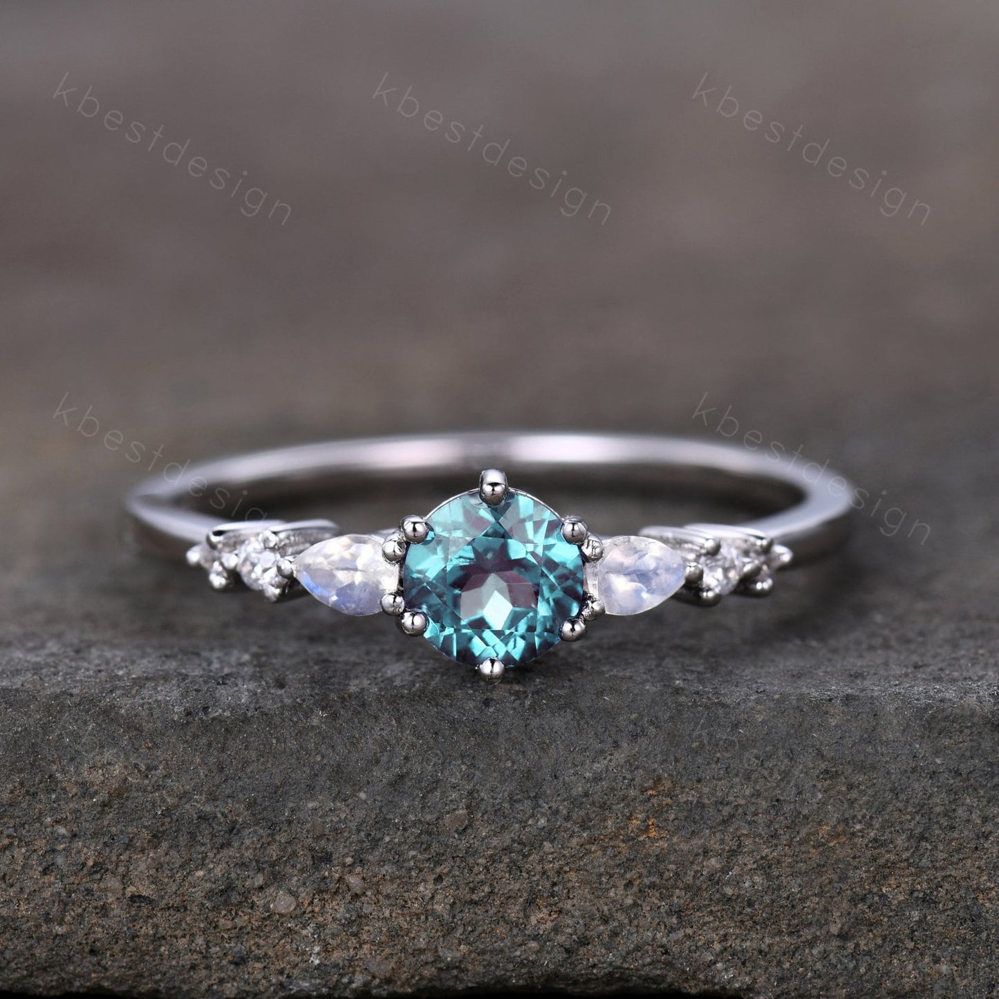 Dainty Alexandrite Engagement Ring Unique Pear Shaped Moonstone Bridal Wedding Ring June Birthstone Ring Sterling Silver Ring Promise Ring