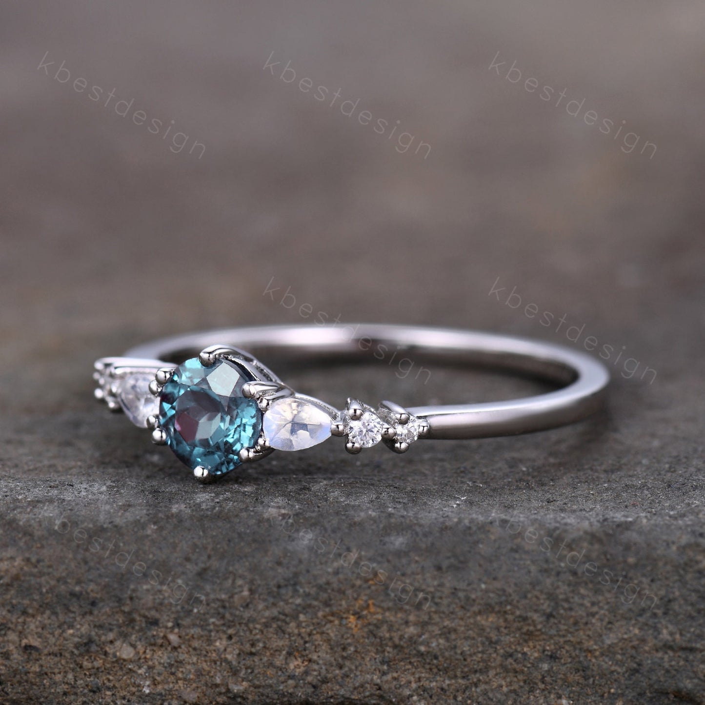 Dainty Alexandrite Engagement Ring Unique Pear Shaped Moonstone Bridal Wedding Ring June Birthstone Ring Sterling Silver Ring Promise Ring