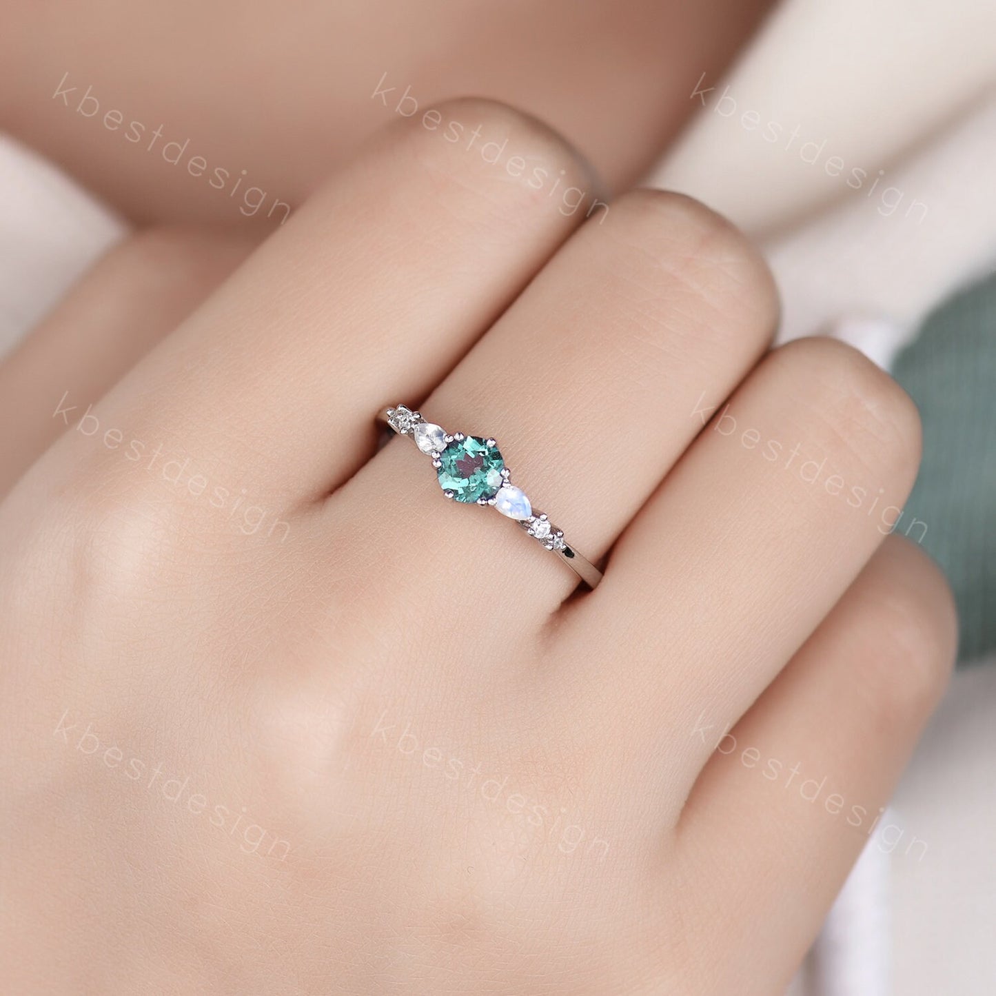 Dainty Alexandrite Engagement Ring Unique Pear Shaped Moonstone Bridal Wedding Ring June Birthstone Ring Sterling Silver Ring Promise Ring