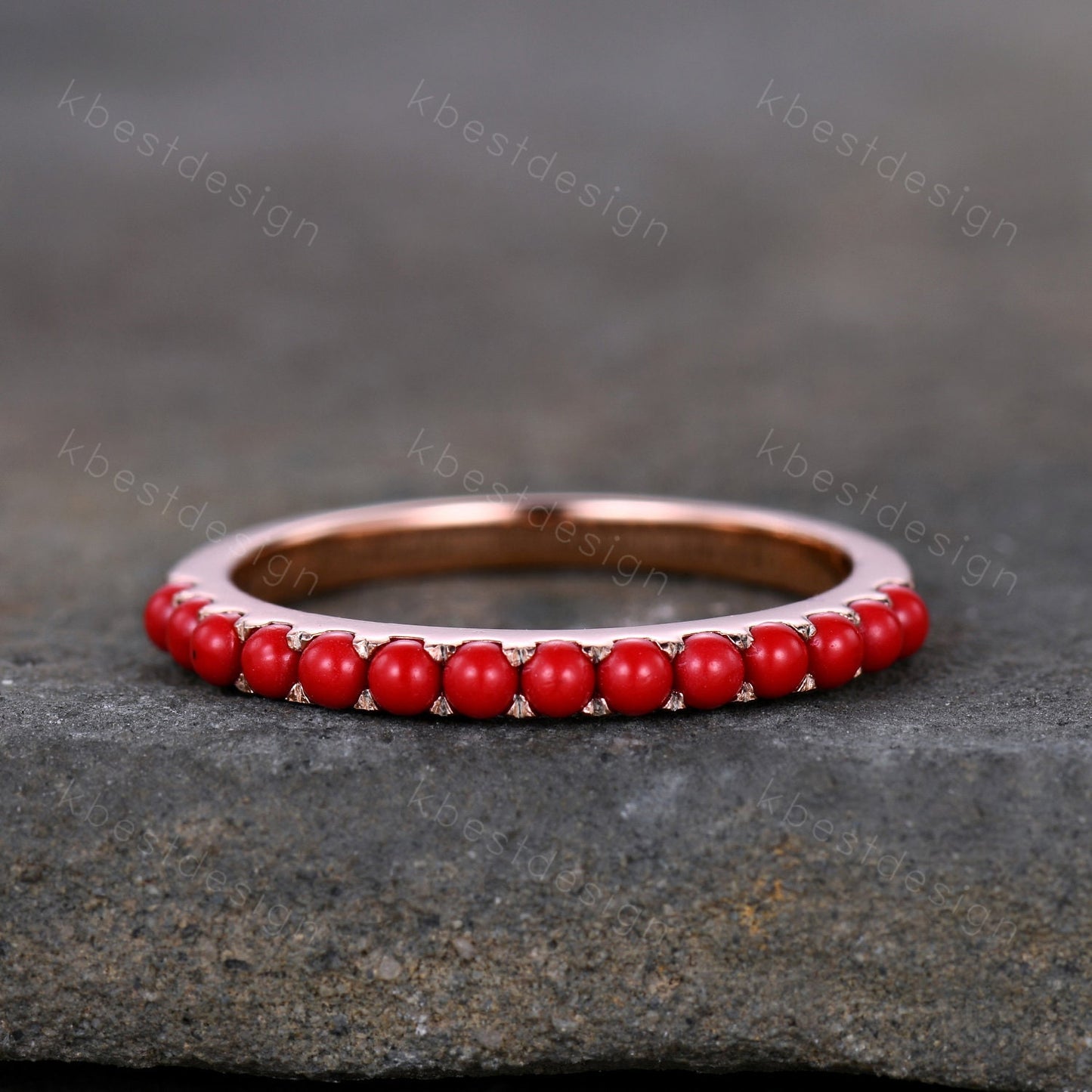 Natural Half Eternity Coral Band, Red Coral Wedding Ring, Dainty Stacking Band, Rose Gold Red Coral Ring, Coral Stone Ring, Anniversary Ring