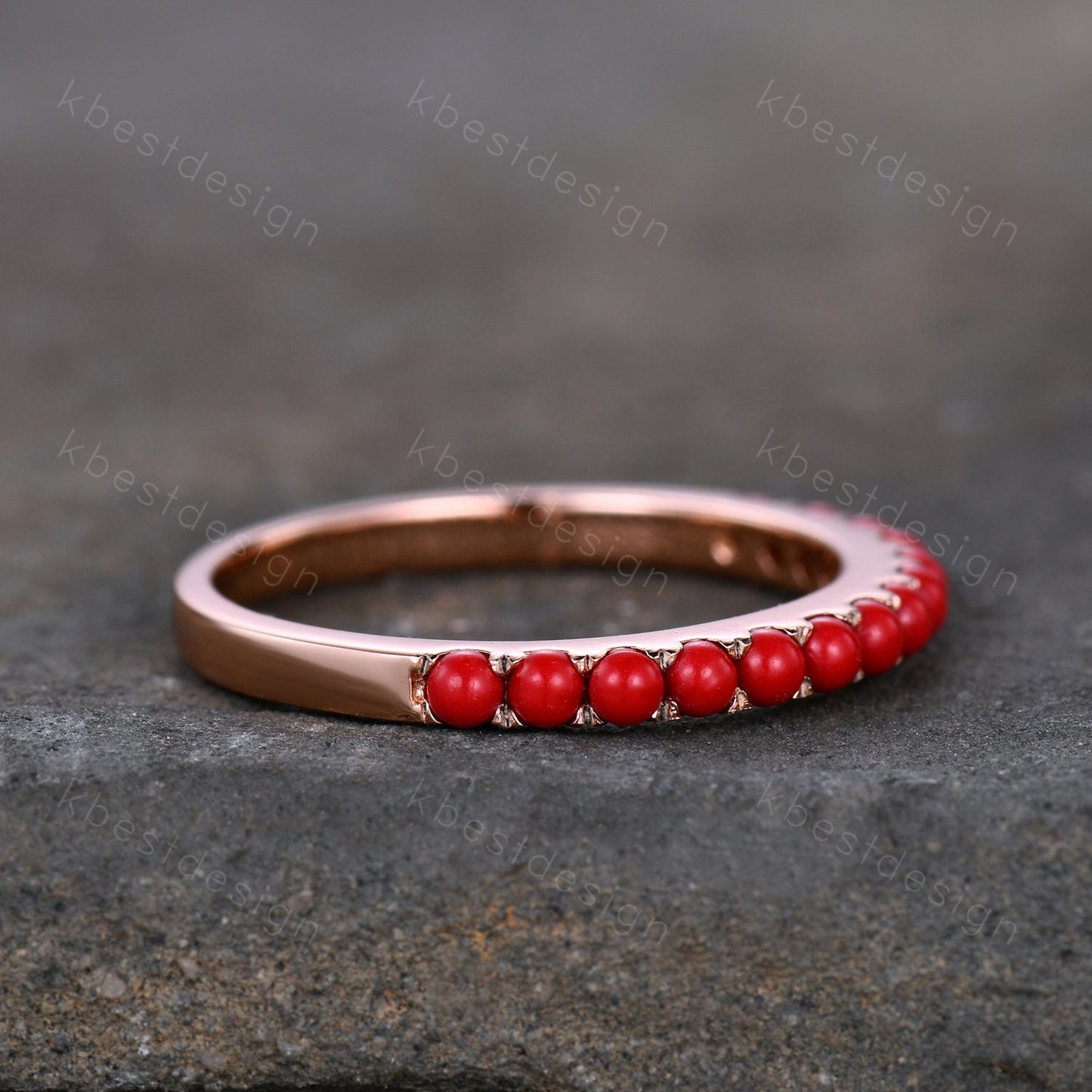 Natural Half Eternity Coral Band, Red Coral Wedding Ring, Dainty Stacking Band, Rose Gold Red Coral Ring, Coral Stone Ring, Anniversary Ring