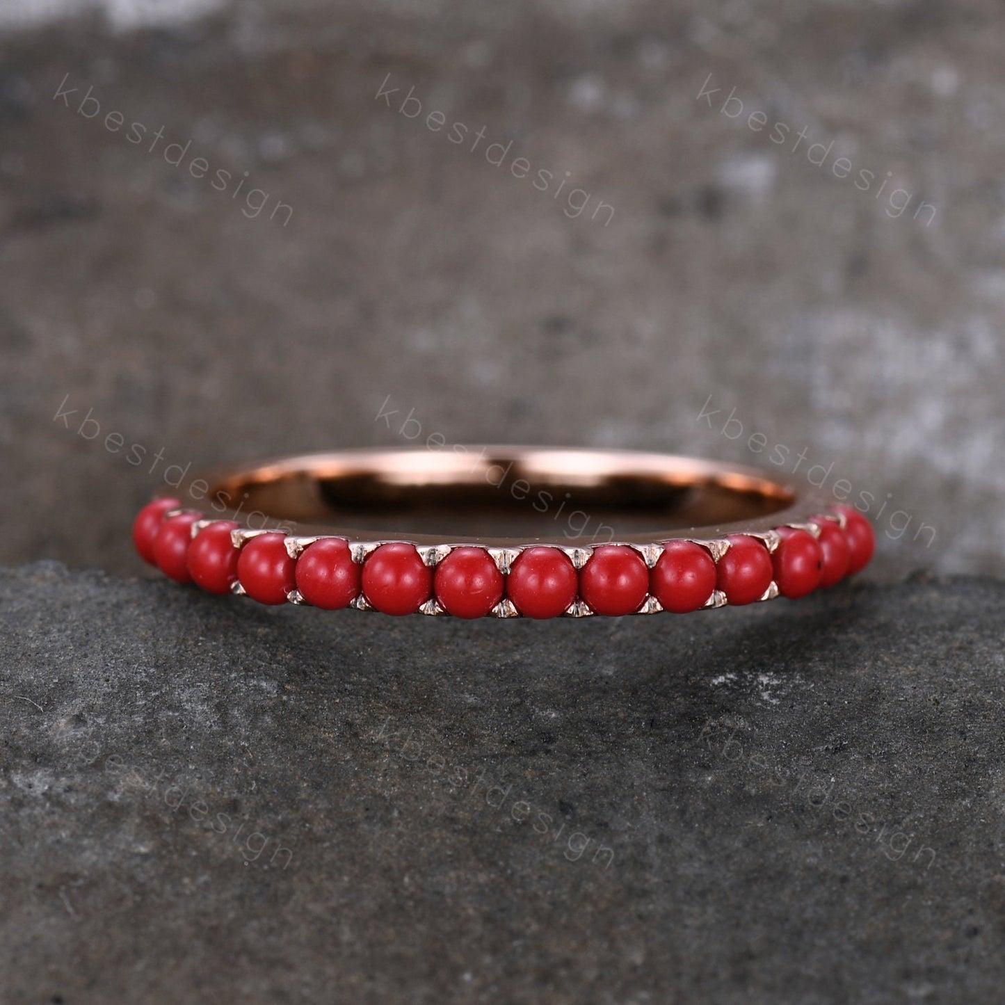 Natural Half Eternity Coral Band, Red Coral Wedding Ring, Dainty Stacking Band, Rose Gold Red Coral Ring, Coral Stone Ring, Anniversary Ring