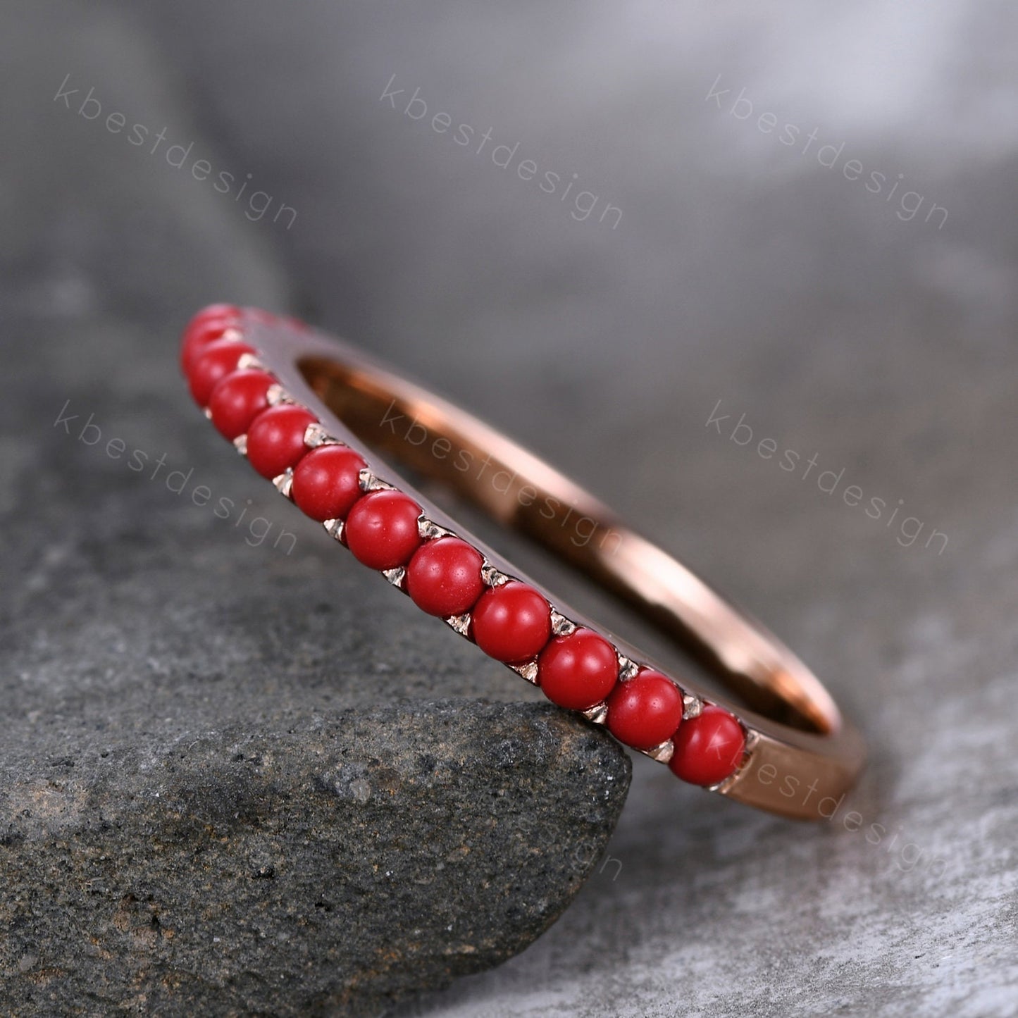 Natural Half Eternity Coral Band, Red Coral Wedding Ring, Dainty Stacking Band, Rose Gold Red Coral Ring, Coral Stone Ring, Anniversary Ring