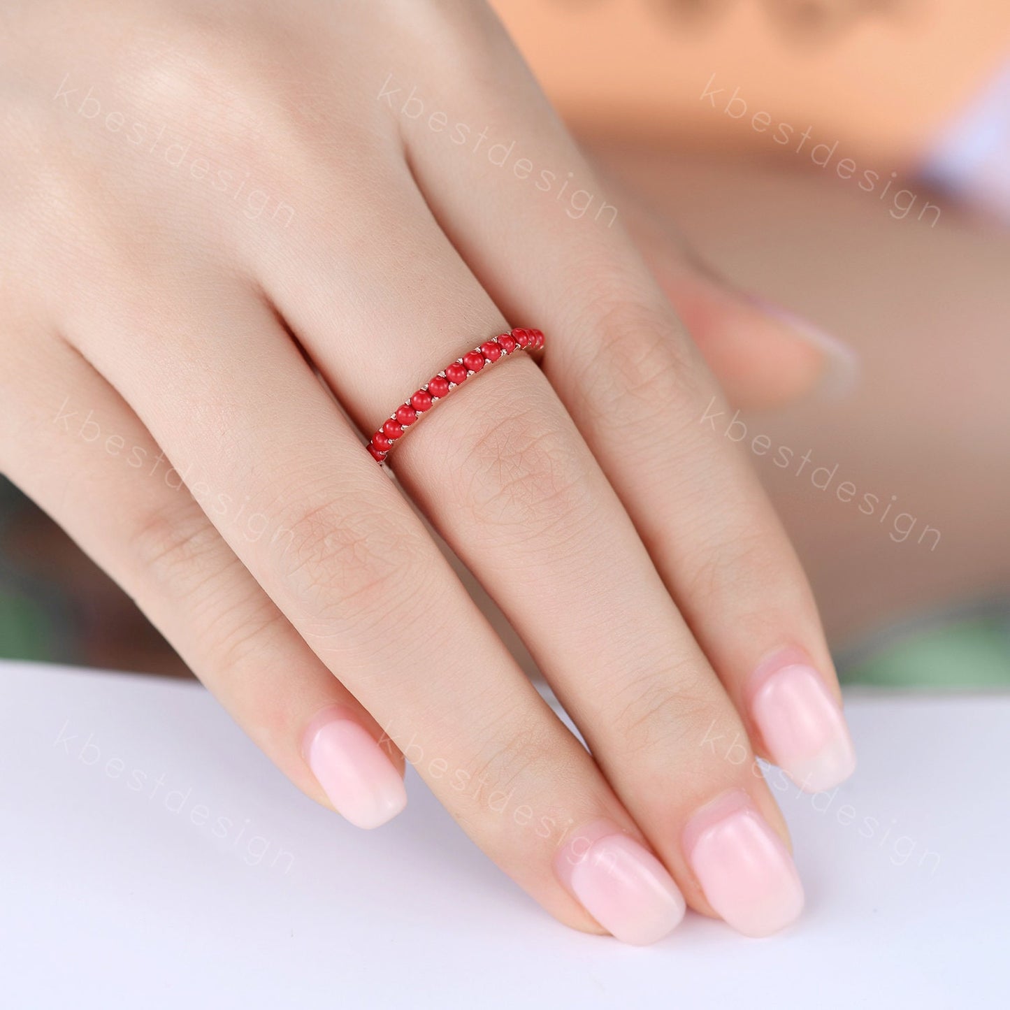 Natural Half Eternity Coral Band, Red Coral Wedding Ring, Dainty Stacking Band, Rose Gold Red Coral Ring, Coral Stone Ring, Anniversary Ring