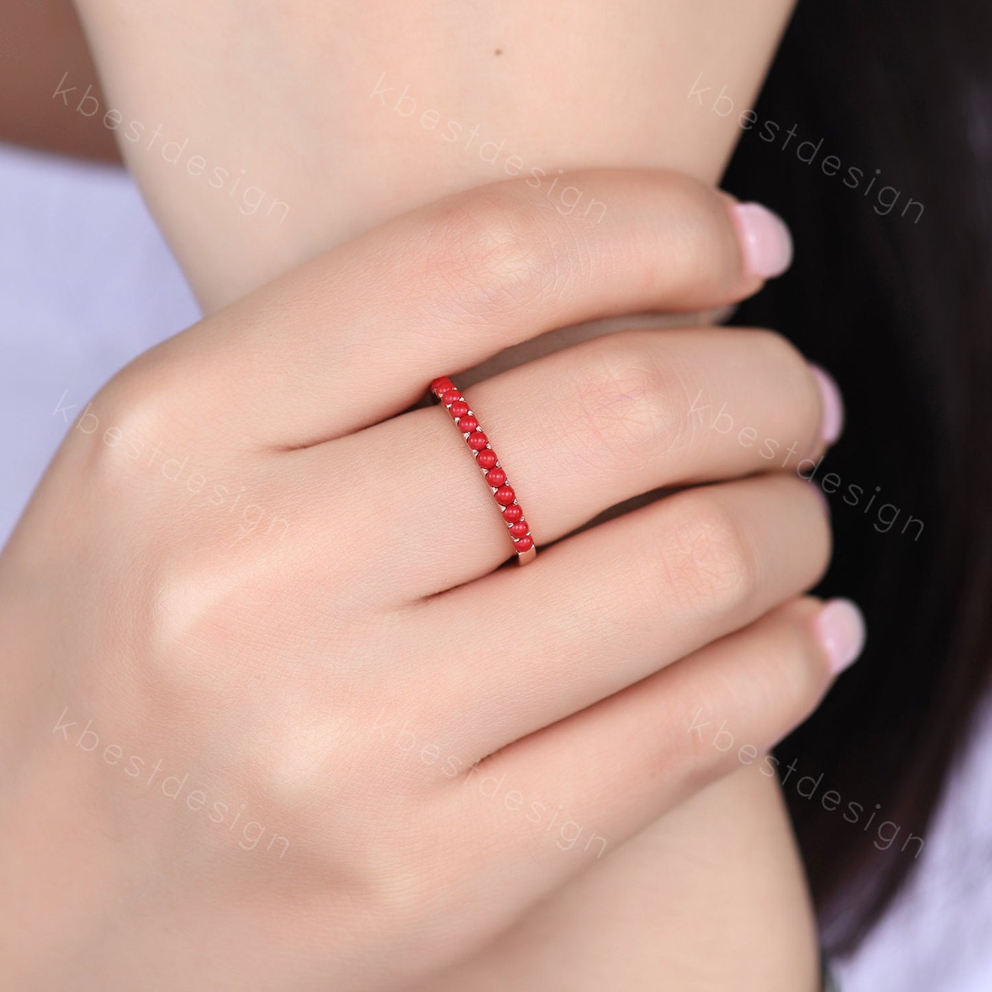 Natural Half Eternity Coral Band, Red Coral Wedding Ring, Dainty Stacking Band, Rose Gold Red Coral Ring, Coral Stone Ring, Anniversary Ring