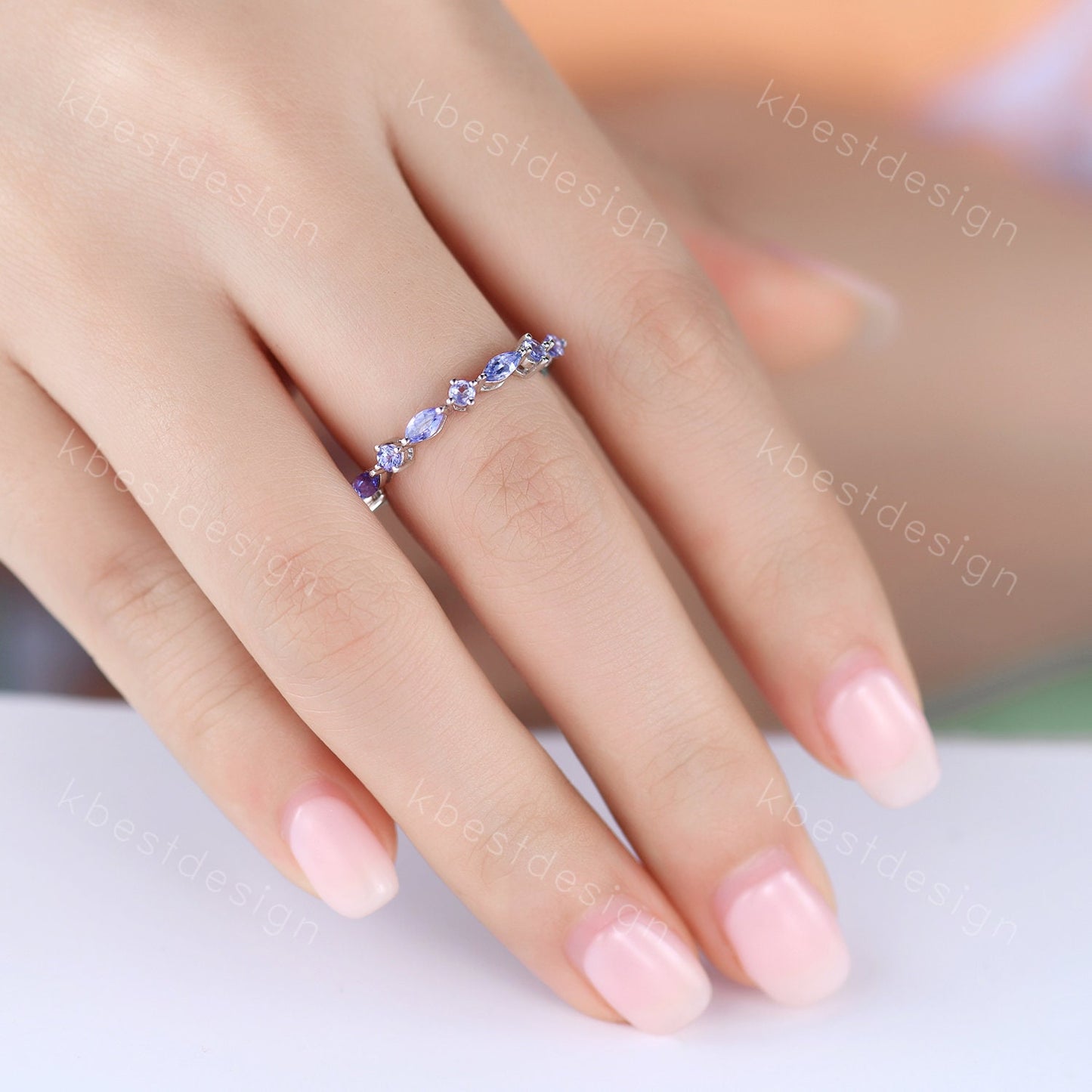 Art Deco Vintage Tanzanite Wedding Band/ Round and Marquise Band/ Half Eternity Stackable Band/ Sterling Silver Ring/ Tanzanite Ring