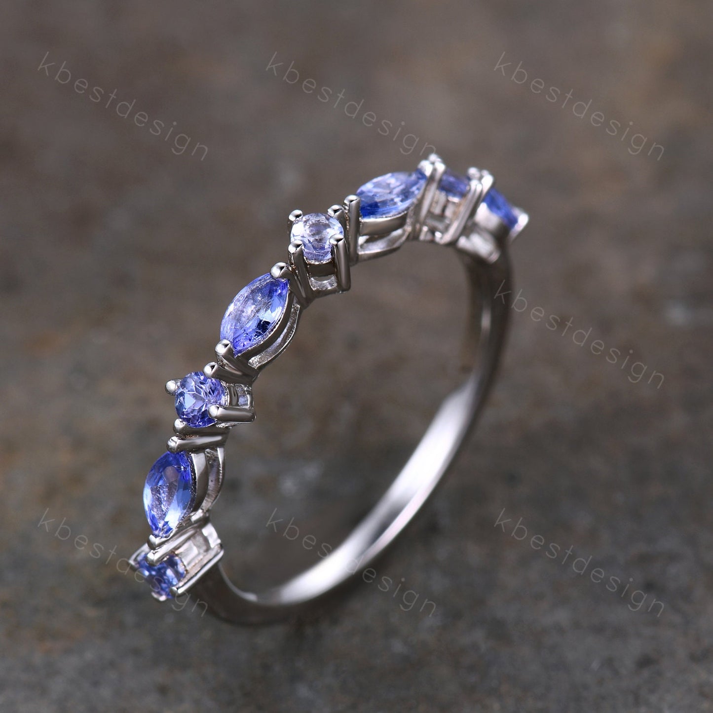 Art Deco Vintage Tanzanite Wedding Band/ Round and Marquise Band/ Half Eternity Stackable Band/ Sterling Silver Ring/ Tanzanite Ring