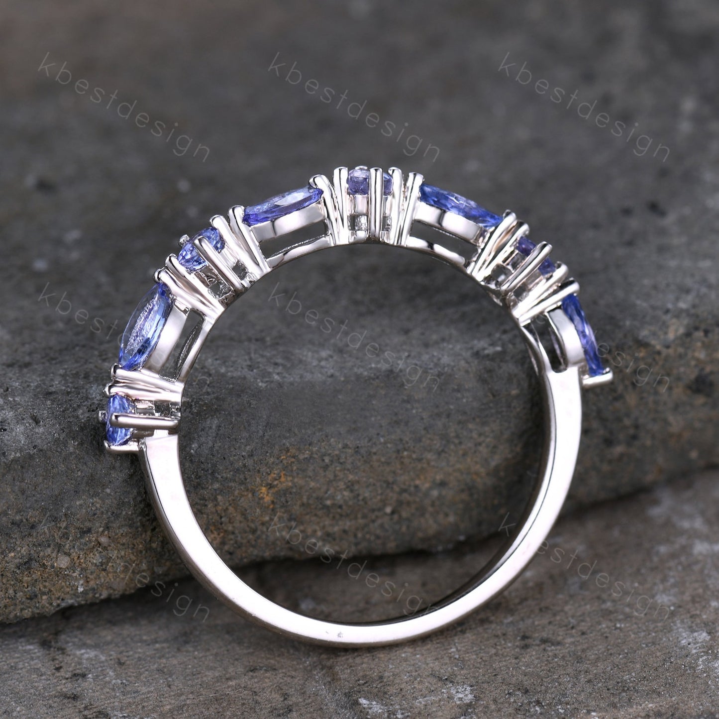 Art Deco Vintage Tanzanite Wedding Band/ Round and Marquise Band/ Half Eternity Stackable Band/ Sterling Silver Ring/ Tanzanite Ring