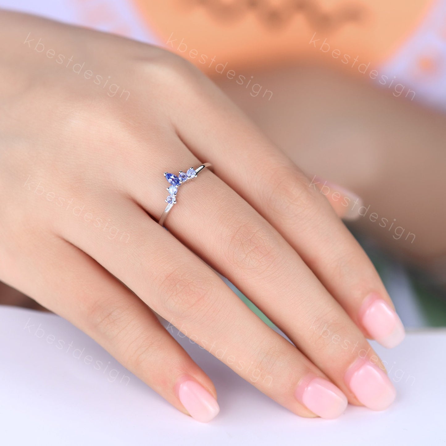 Curved Tanzanite Wedding Band/ Marquise Cut Tanzanite Stacking Band/ Sterling Silver Ring/ Unique Matching Band/ Anniversary Gift for Her