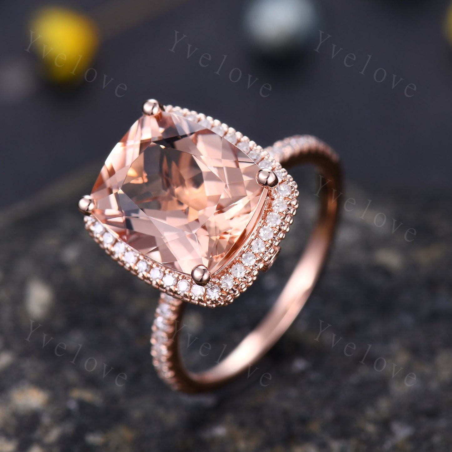 5ct Morganite engagement ring pink morganite ring big cushion shape natural gemstone with thin diamond wedding band solid 14k rose gold