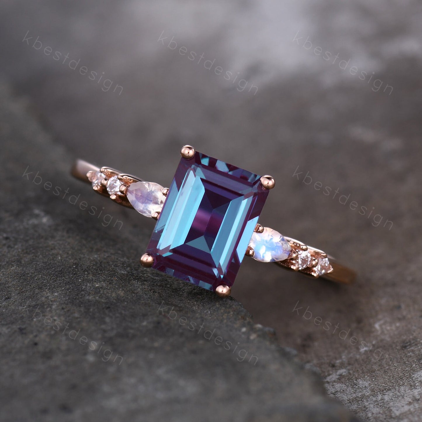 Emerald cut Alexandrite ring rose gold ring for women vintage unique Alexandrite engagement ring pear moonstone wedding ring Promise ring