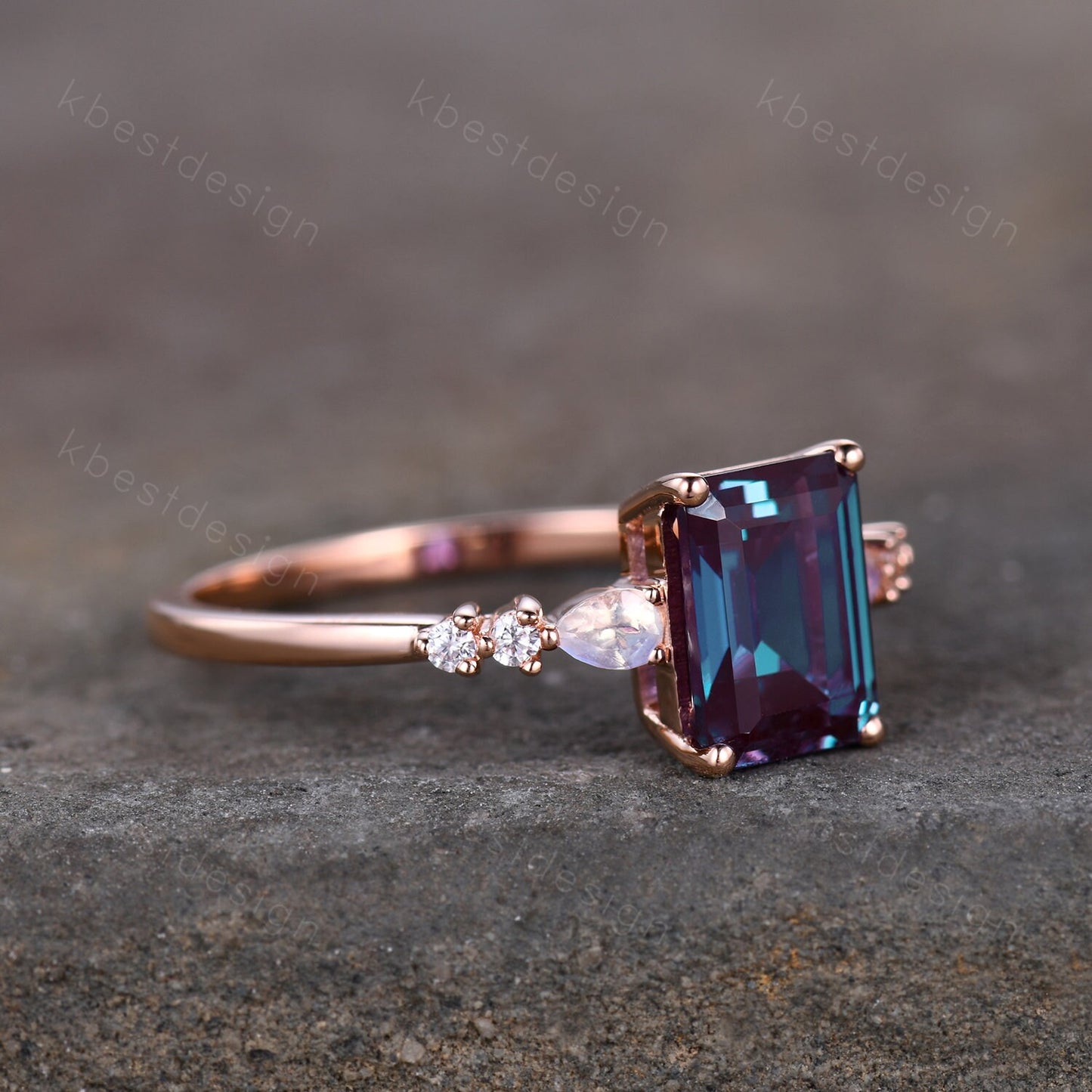 Emerald cut Alexandrite ring rose gold ring for women vintage unique Alexandrite engagement ring pear moonstone wedding ring Promise ring