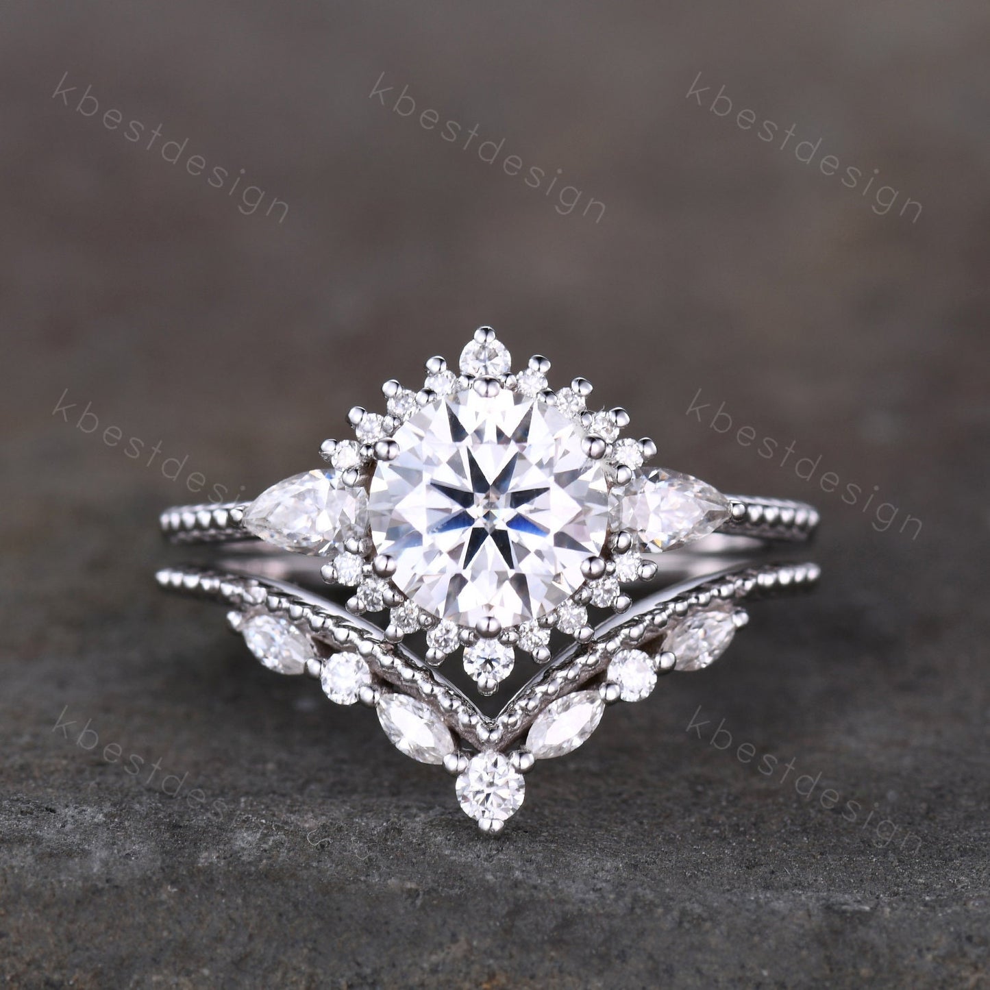 Vintage Moissanite Engagement Ring Set White Gold Round Shaped Moissanite Bridal Set Art Deco Stacking Ring Milgrain Moissanite Wedding Set