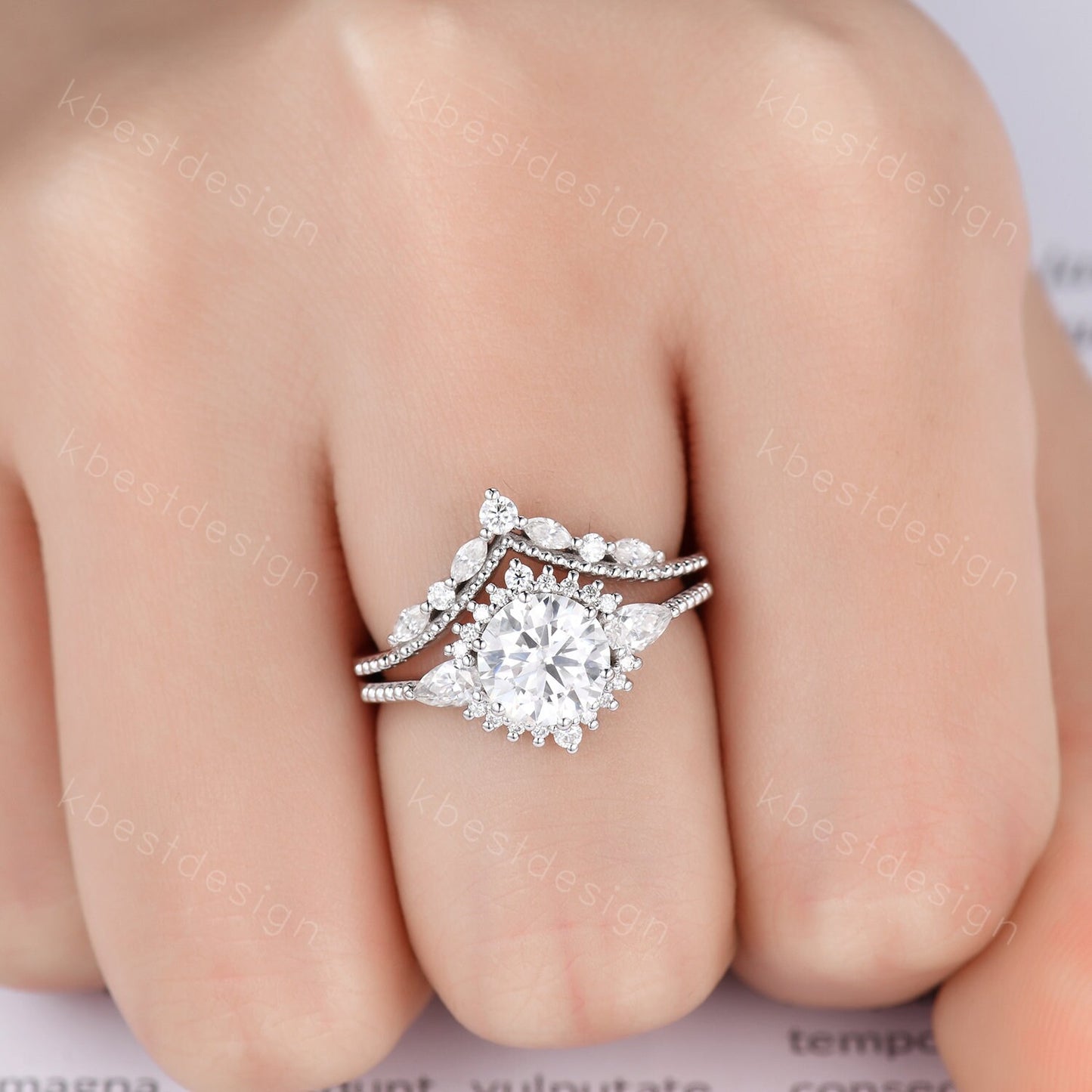 Vintage Moissanite Engagement Ring Set White Gold Round Shaped Moissanite Bridal Set Art Deco Stacking Ring Milgrain Moissanite Wedding Set