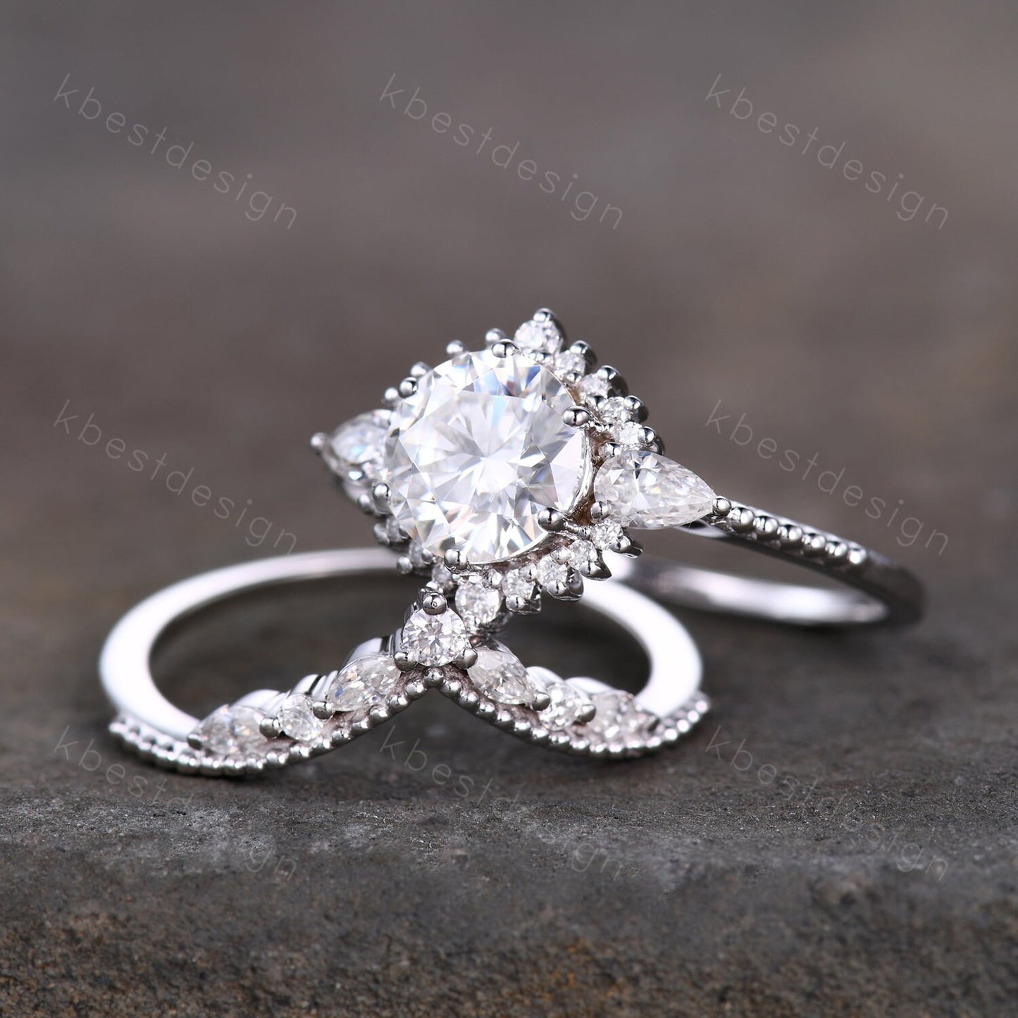 Vintage Moissanite Engagement Ring Set White Gold Round Shaped Moissanite Bridal Set Art Deco Stacking Ring Milgrain Moissanite Wedding Set