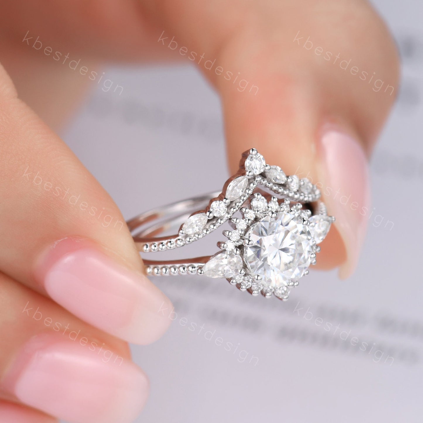 Vintage Moissanite Engagement Ring Set White Gold Round Shaped Moissanite Bridal Set Art Deco Stacking Ring Milgrain Moissanite Wedding Set