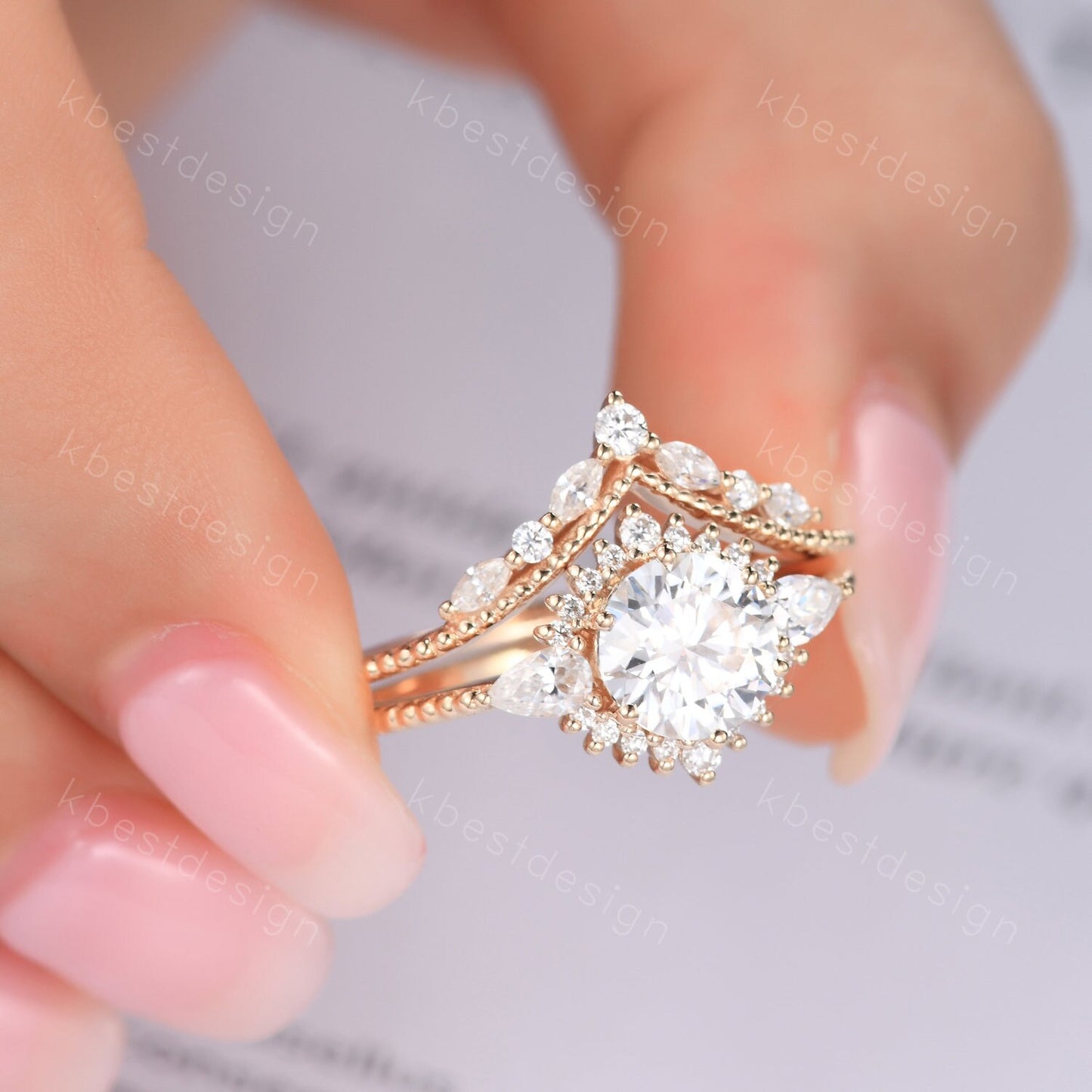 Vintage moissanite engagement ring set unique art deco moissanite bridal set solid gold ring for women moissanite stacking band Gift for her