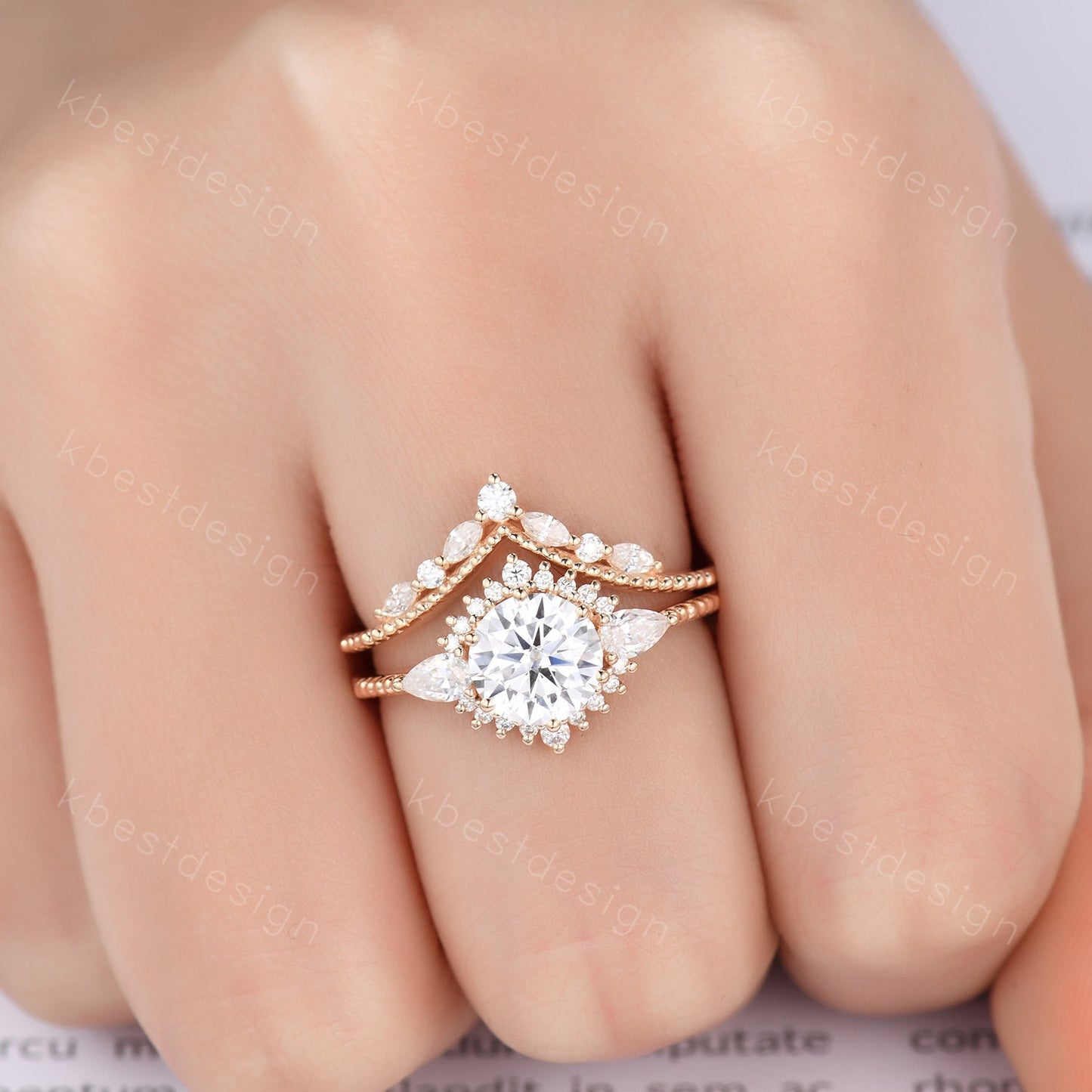 Vintage moissanite engagement ring set unique art deco moissanite bridal set solid gold ring for women moissanite stacking band Gift for her