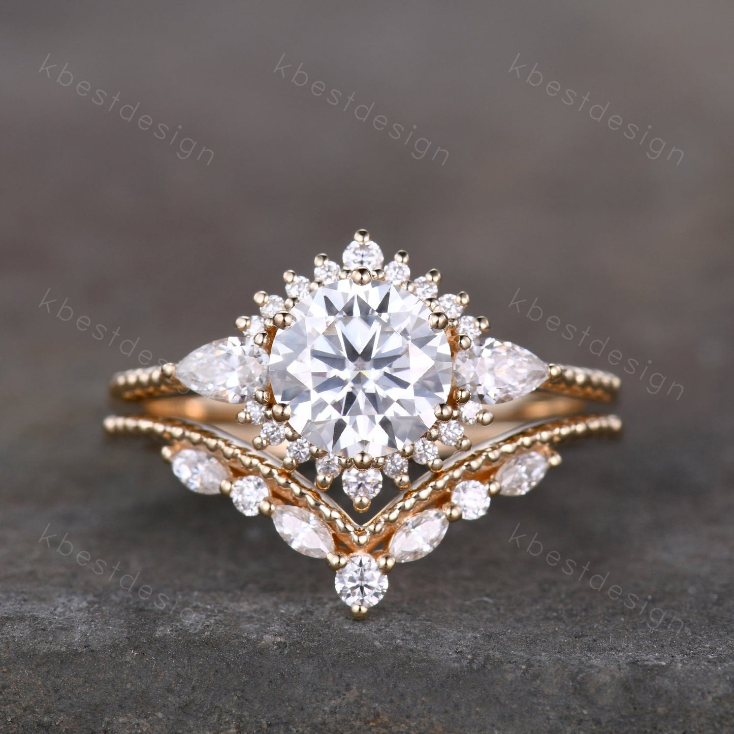 Vintage moissanite engagement ring set unique art deco moissanite bridal set solid gold ring for women moissanite stacking band Gift for her