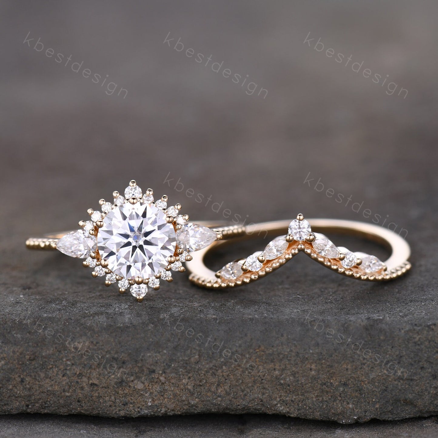 Vintage moissanite engagement ring set unique art deco moissanite bridal set solid gold ring for women moissanite stacking band Gift for her