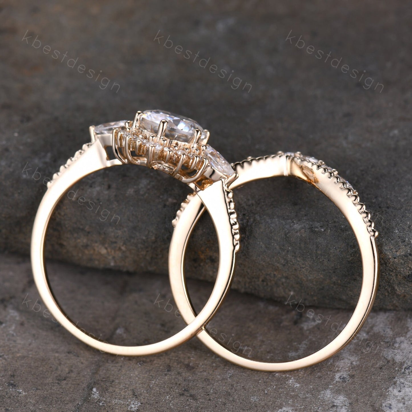 Vintage moissanite engagement ring set unique art deco moissanite bridal set solid gold ring for women moissanite stacking band Gift for her