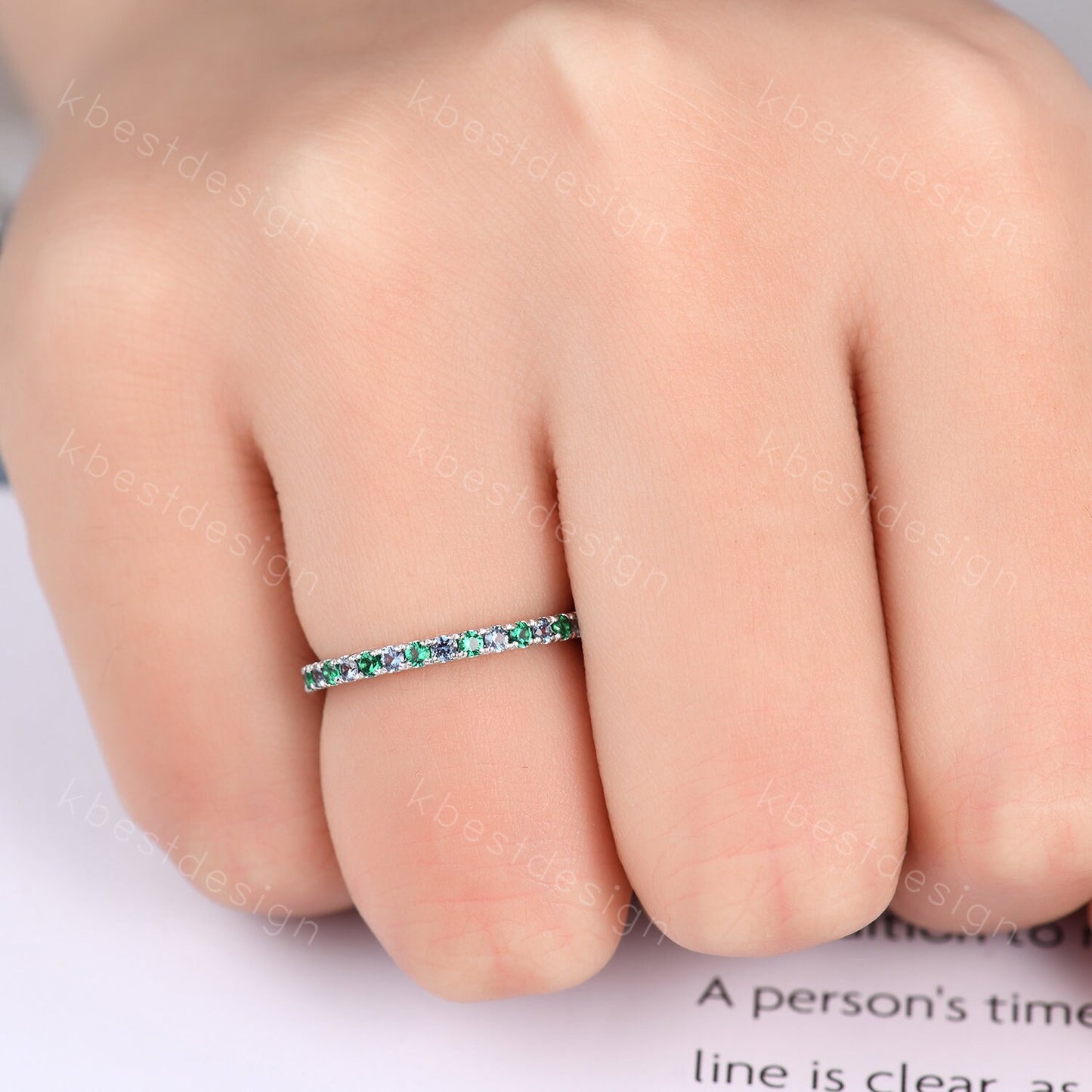 Half Eternity Emerald Alexandrite Wedding Band Dainty Sterling Silver Stacking Matching Band Birthstone Ring Wedding Band Anniversary Ring