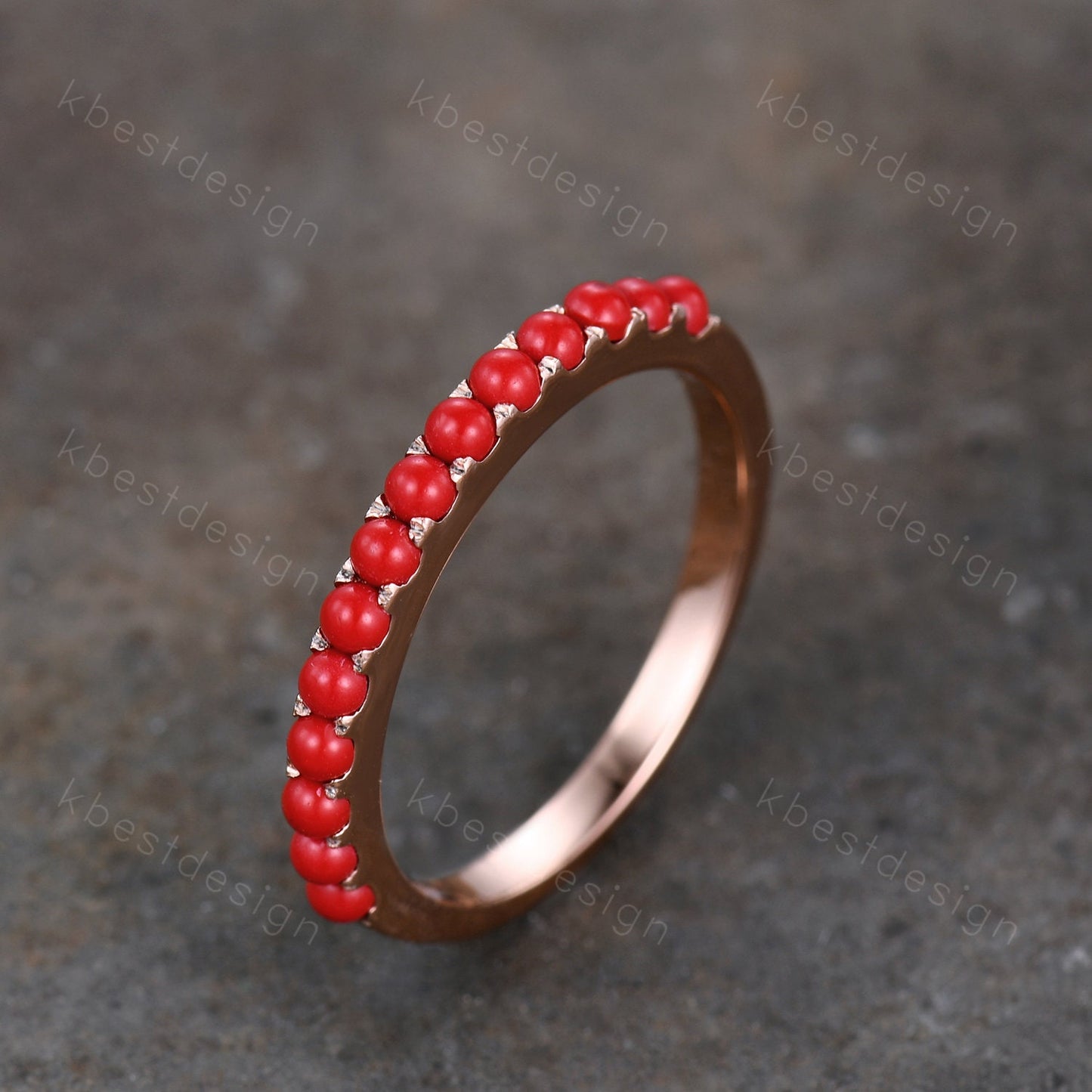 Natural Half Eternity Coral Band, Red Coral Wedding Ring, Dainty Stacking Band, Rose Gold Red Coral Ring, Coral Stone Ring, Anniversary Ring