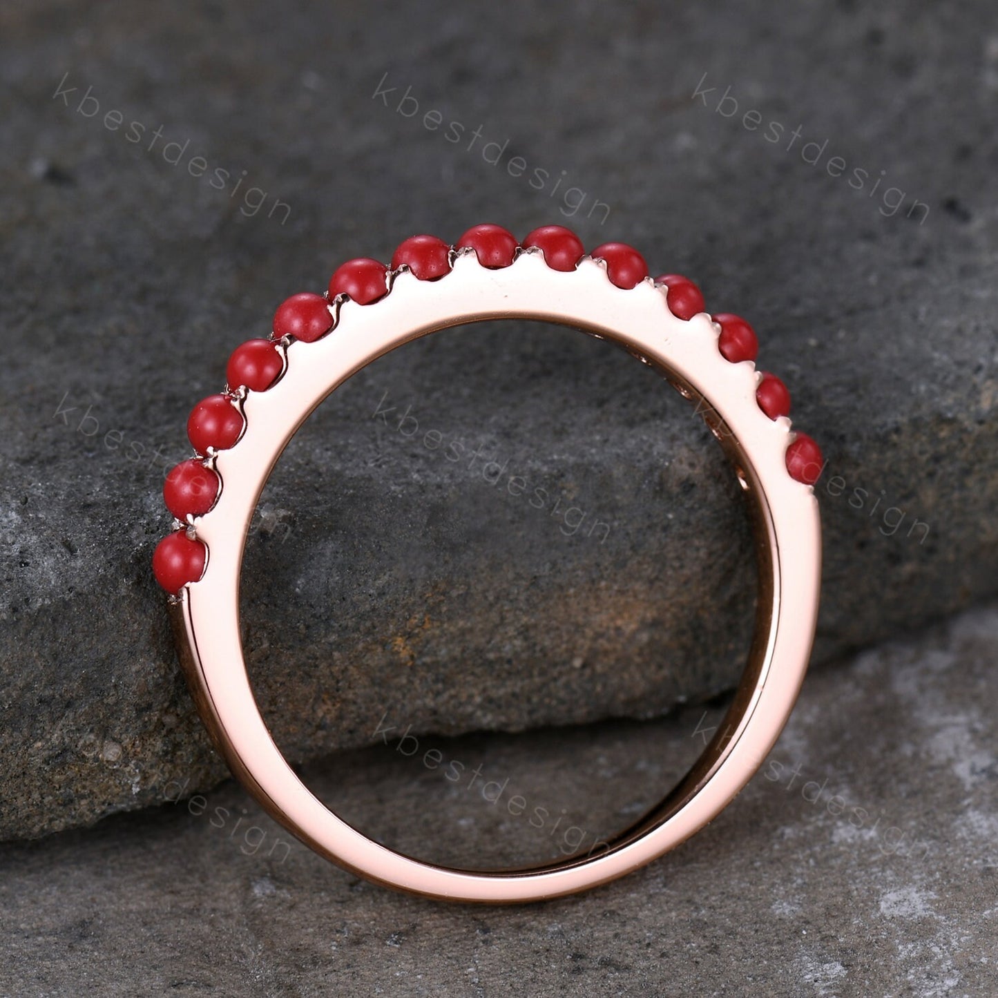 Natural Half Eternity Coral Band, Red Coral Wedding Ring, Dainty Stacking Band, Rose Gold Red Coral Ring, Coral Stone Ring, Anniversary Ring