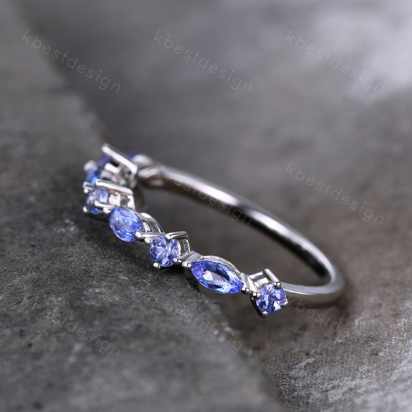 Art Deco Vintage Tanzanite Wedding Band/ Round and Marquise Band/ Half Eternity Stackable Band/ Sterling Silver Ring/ Tanzanite Ring