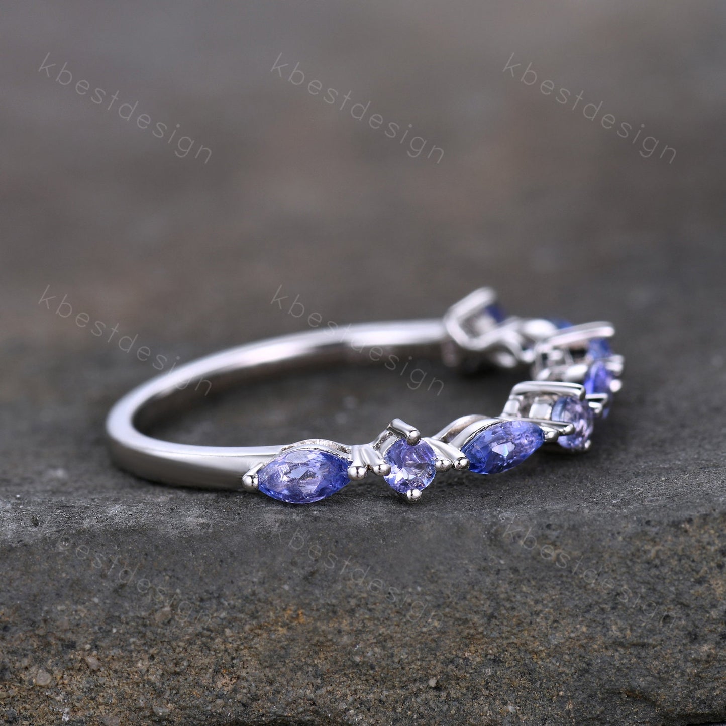 Art Deco Vintage Tanzanite Wedding Band/ Round and Marquise Band/ Half Eternity Stackable Band/ Sterling Silver Ring/ Tanzanite Ring