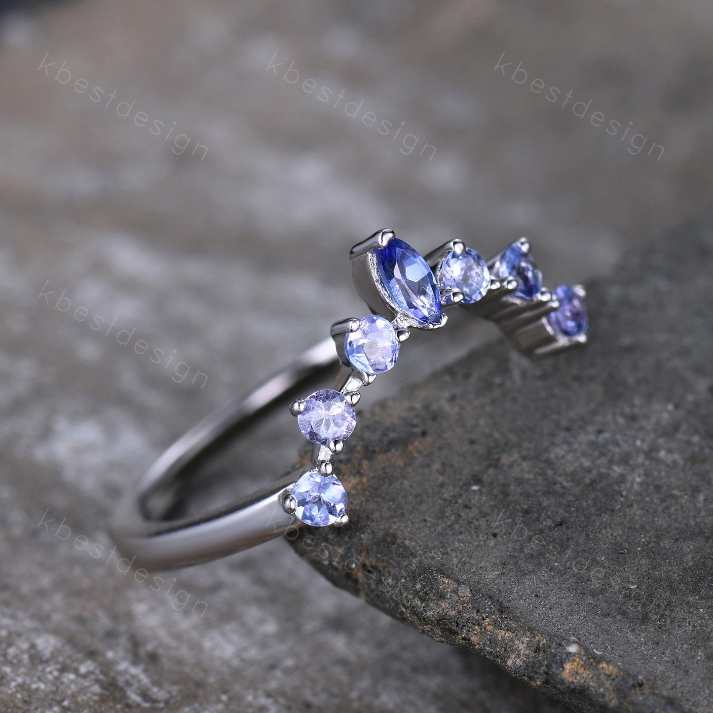 Natural Tanzanite Wedding Band, Curved Tanzanite Wedding Stacking Band, Marquise Cut Tanzanite Curved Band, Wedding Ring, Anniversary Ring