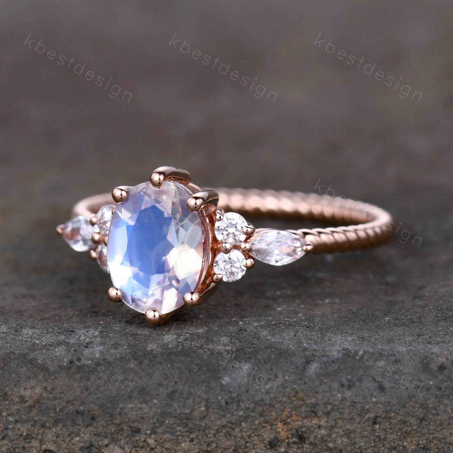 Vintage Oval Moonstone engagement ring rose gold Diamond prong set wedding ring unique twisted Bridal ring Promise Anniversary ring