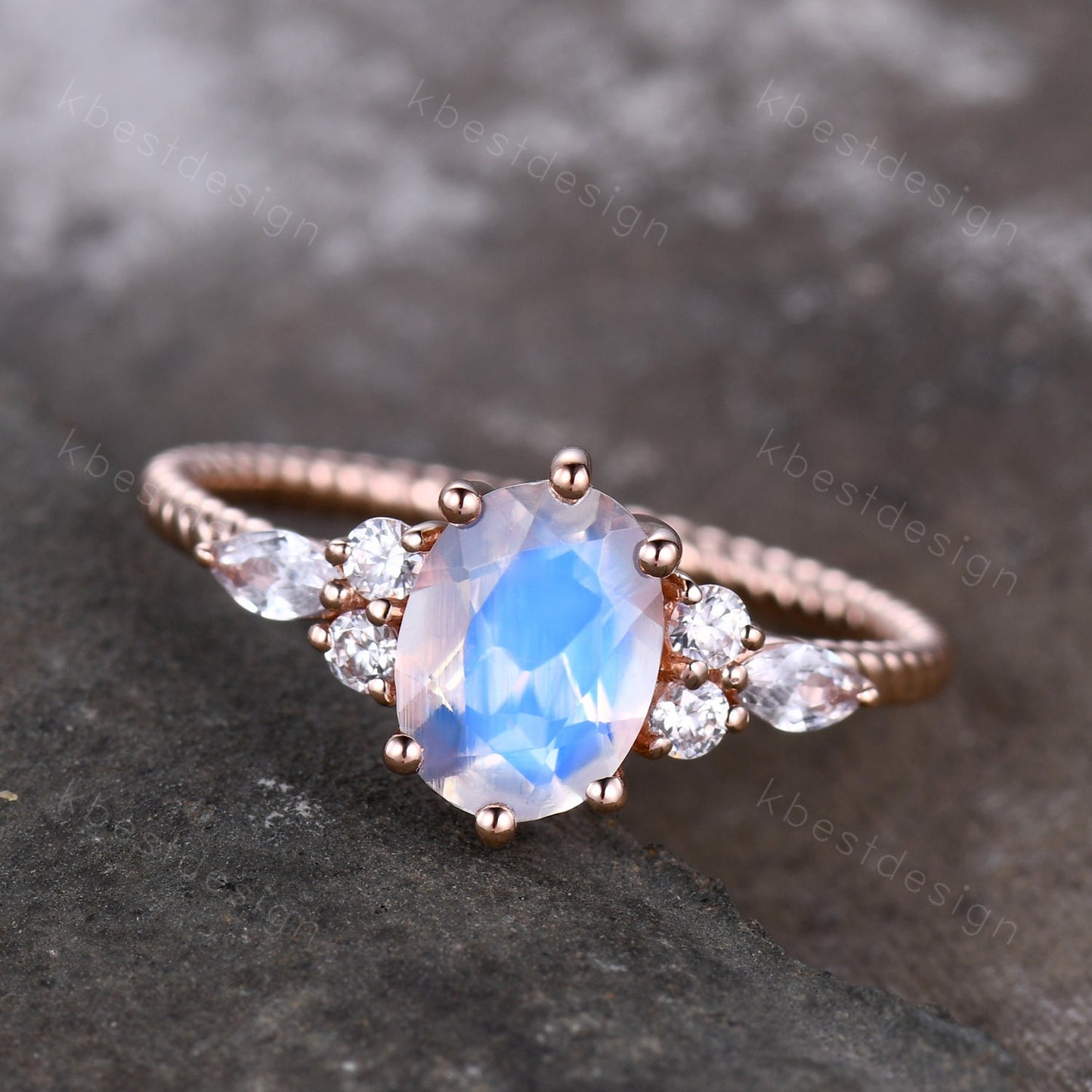 Vintage Oval Moonstone engagement ring rose gold Diamond prong set wedding ring unique twisted Bridal ring Promise Anniversary ring