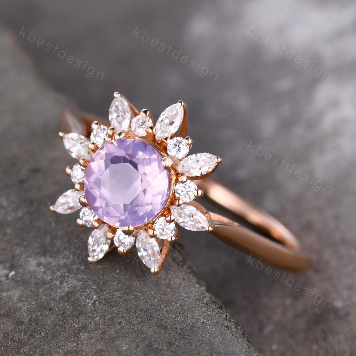 Natural Lavender Amethyst Ring Vintage Unique Diamond Halo Bridal Ring Amethyst Solitaire Engagement Ring February Birthstone Promise Ring