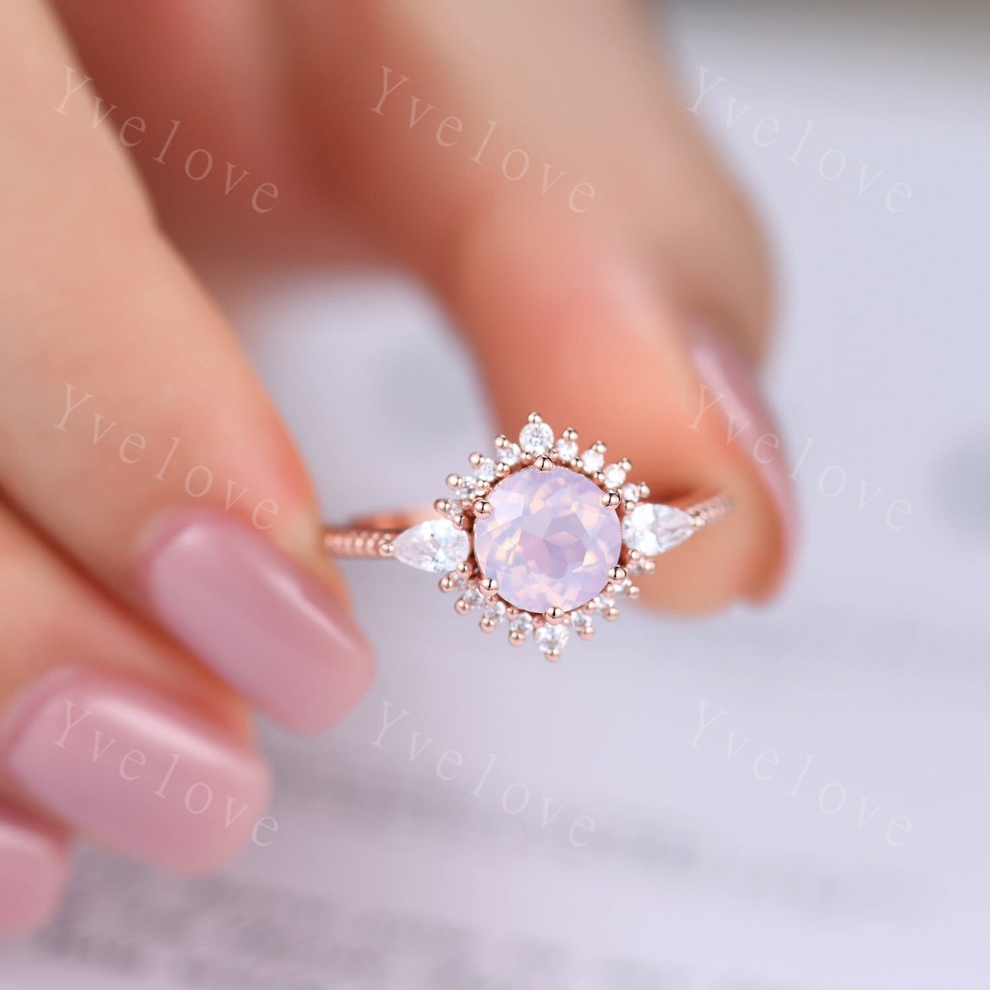 Vintage Lavender Amethyst Engagement Ring Set,Purple Amethyst Ring,Lavender Ring,Pear Moissanite Side Stone,14K Solid Gold,Women Ring Gift