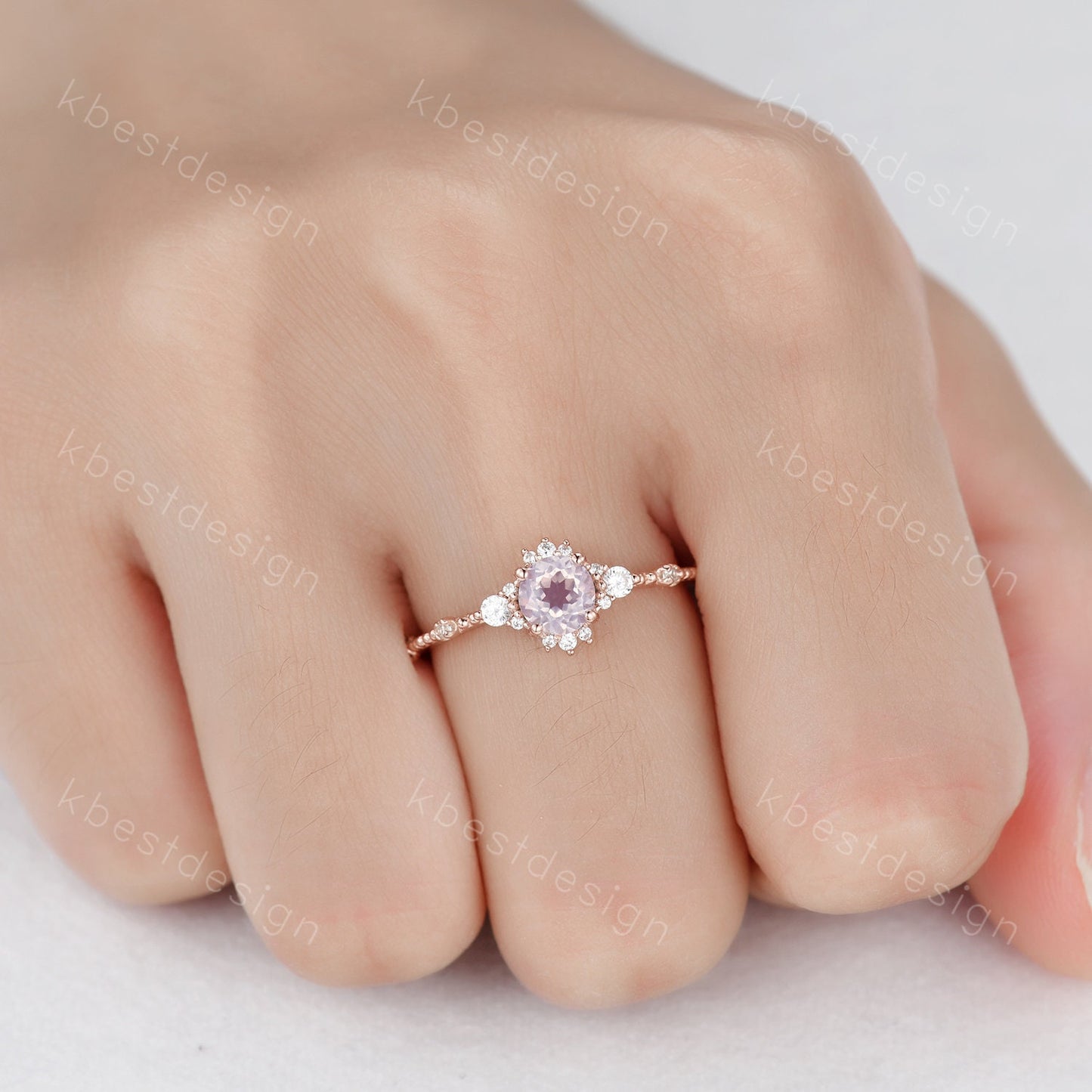 Dainty Rose Gold Lavender Amethyst Engagement Ring Set Unique Art Deco Amethyst Ring For Women Vintage Curved Wedding Bridal Promise Ring