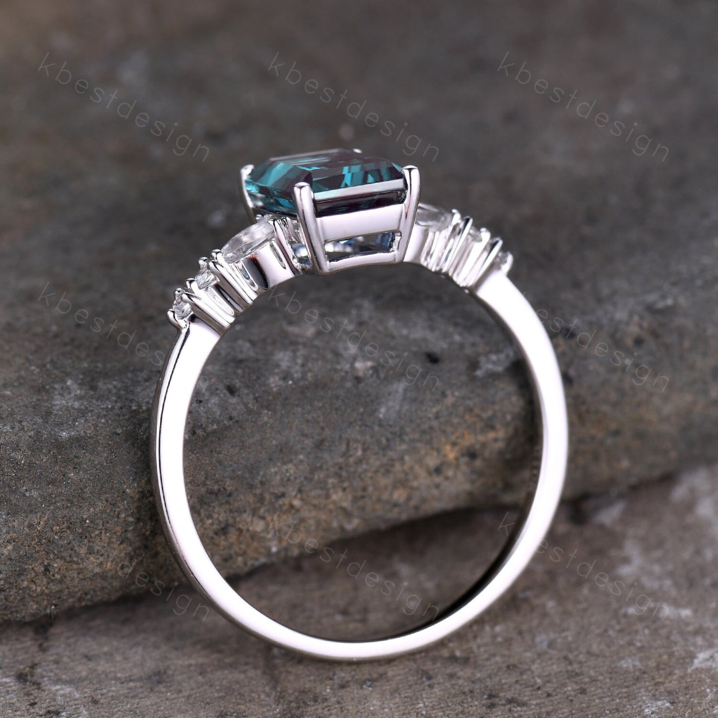 Emerald cut Alexandrite ring sterling silver ring for women vintage unique Alexandrite engagement ring pear moonstone wedding Promise ring