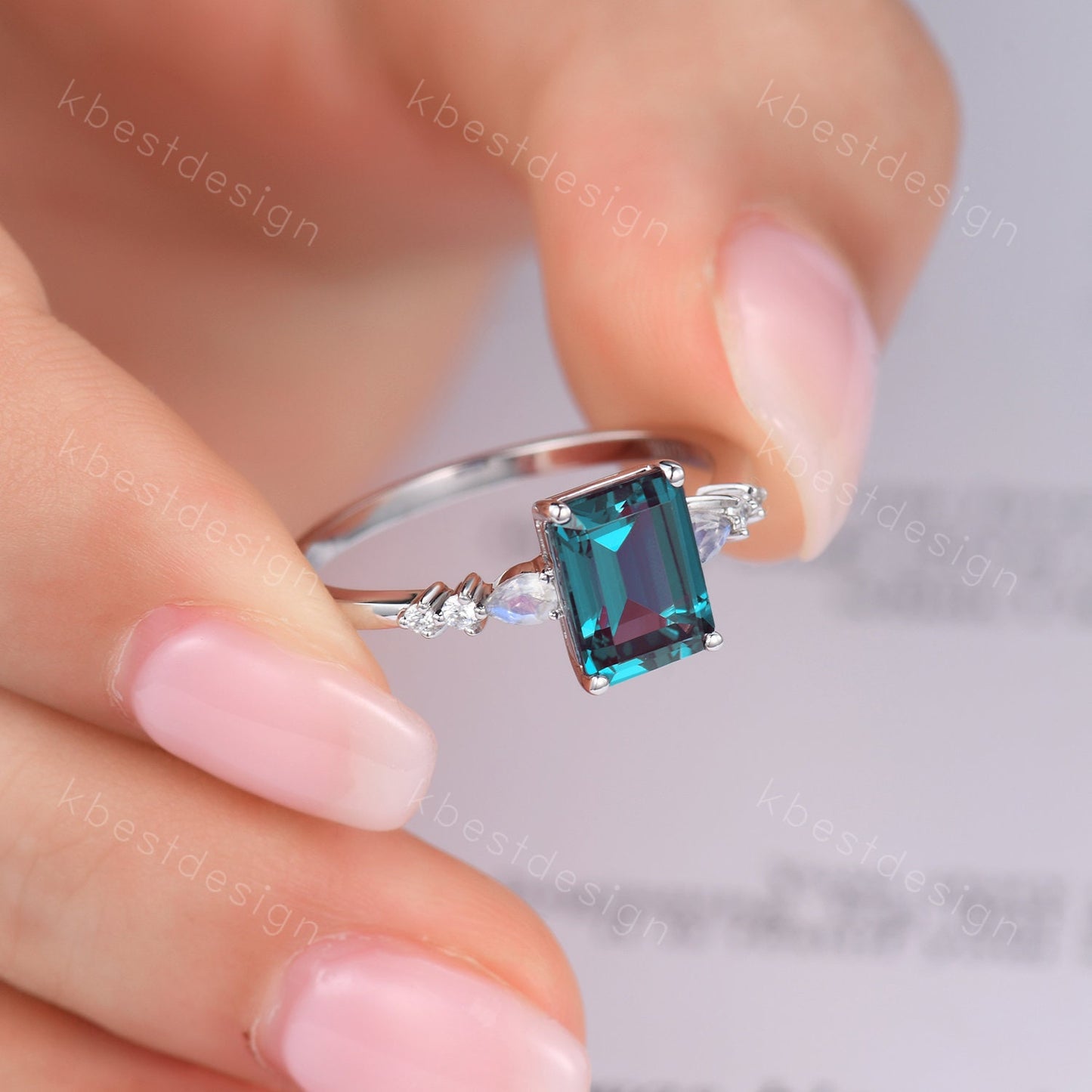 Emerald cut Alexandrite ring sterling silver ring for women vintage unique Alexandrite engagement ring pear moonstone wedding Promise ring