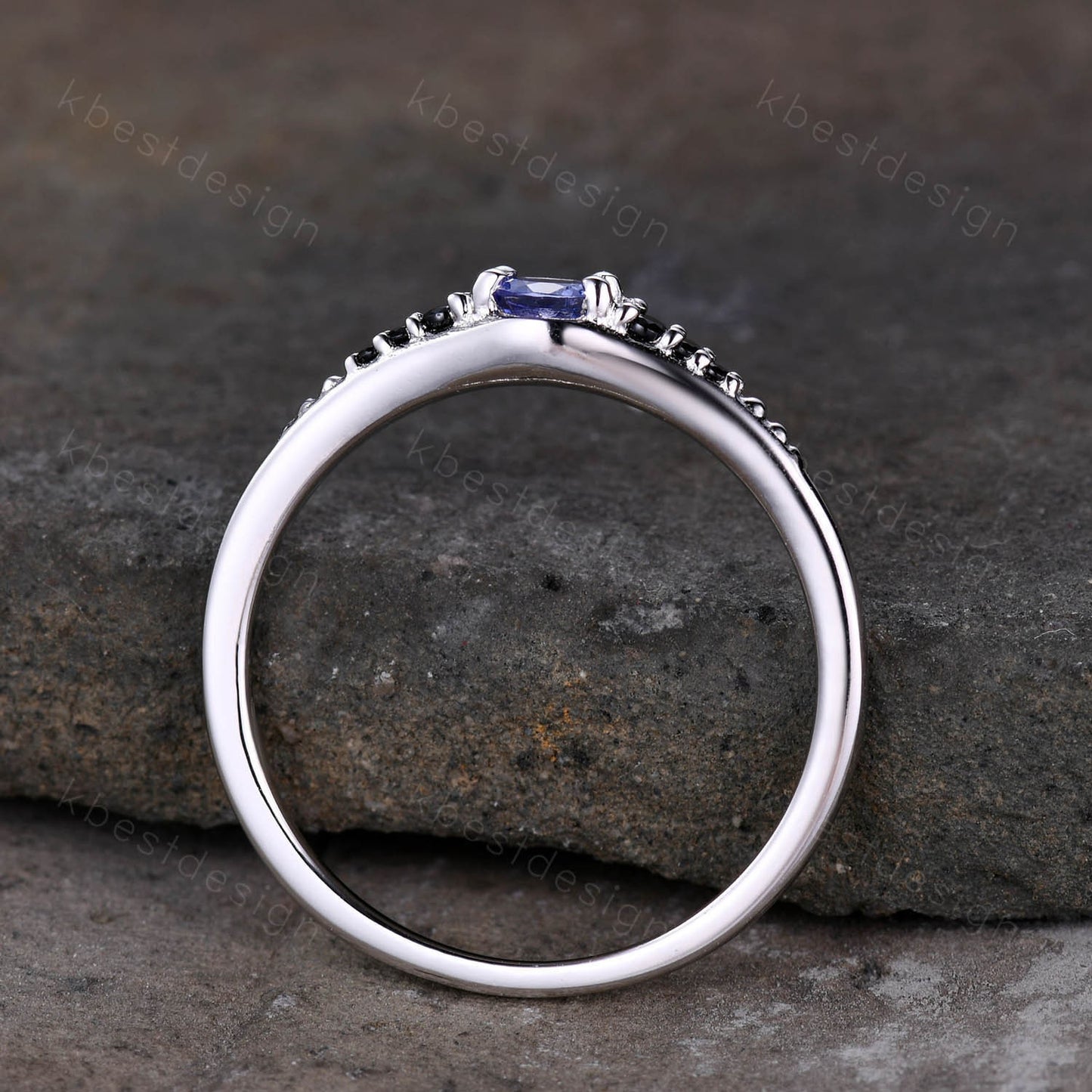 Dainty Tanzanite Wedding Ring Sterling Silver Black Diamond Women Wedding Band Delicate Ring Stackable Band Anniversary Gift for Her