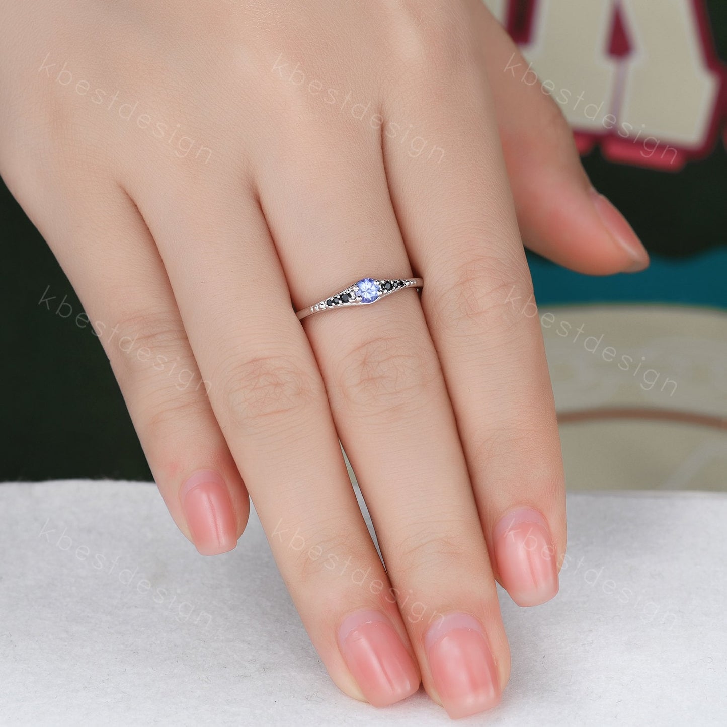 Dainty Tanzanite Wedding Ring Sterling Silver Black Diamond Women Wedding Band Delicate Ring Stackable Band Anniversary Gift for Her