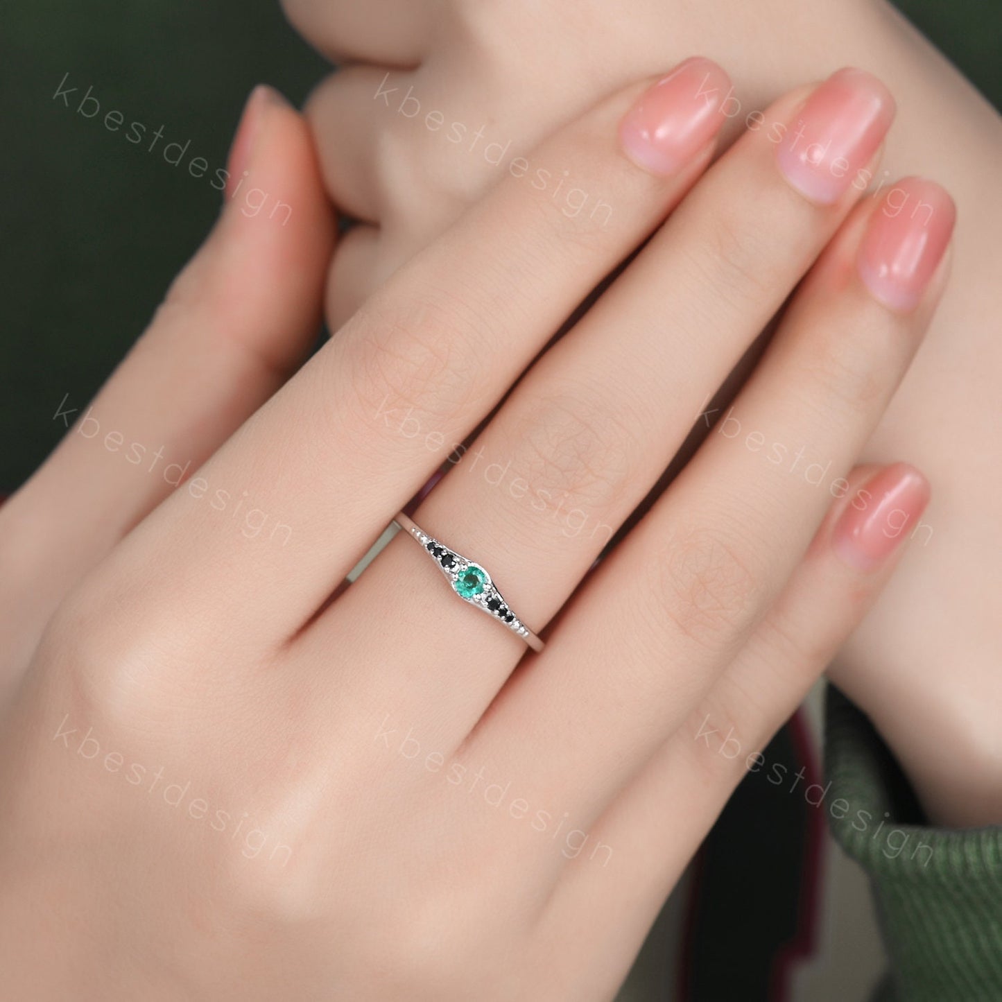 Natural emerald ring delicate emerald and black diamond stacking gemstone ring sterling silver ring emerald wedding band Women gift